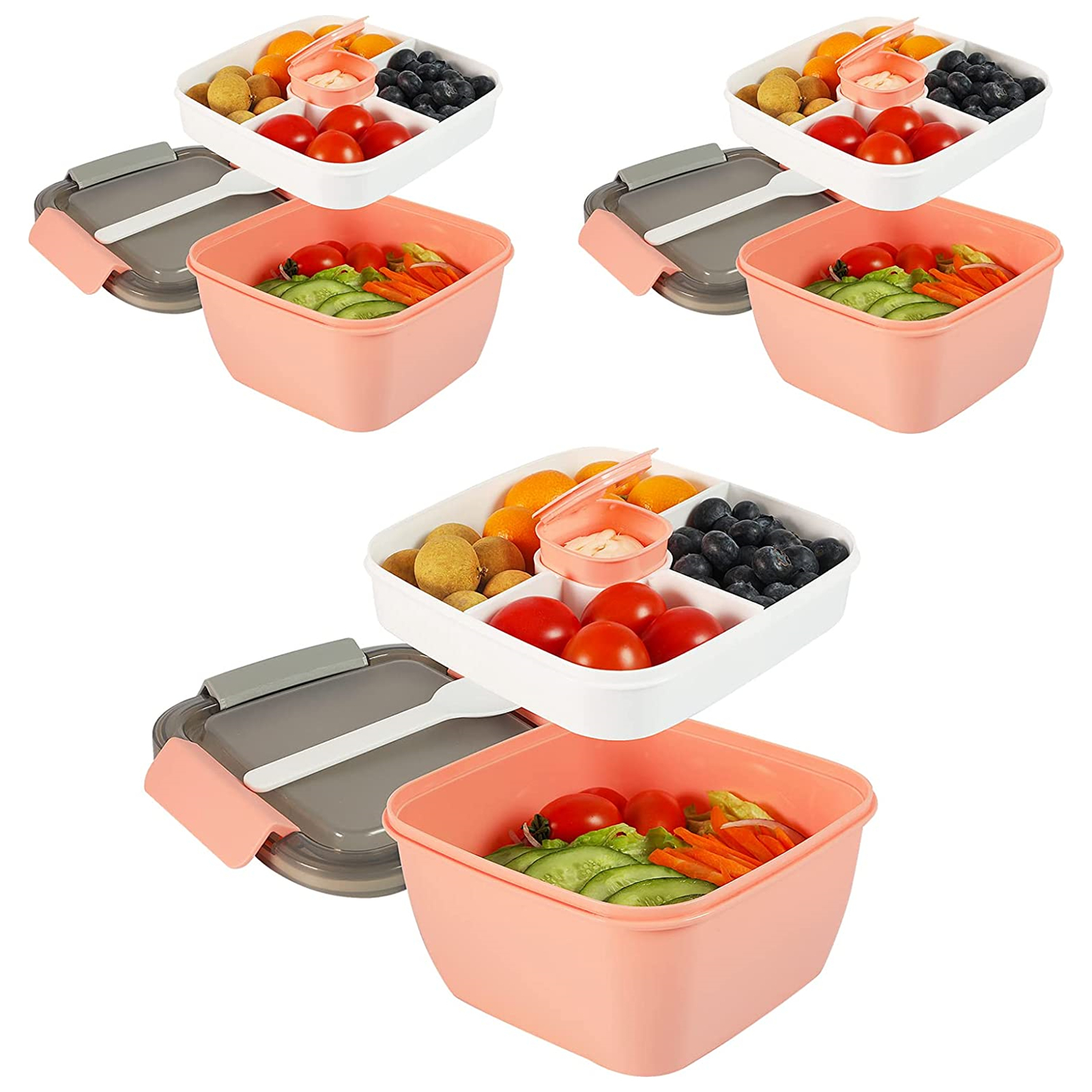 Shopwithgreen 52 OZ to Go Salad Container Lunch Container with 3-Compartment - Pink-3 pcs-shopwithgreen