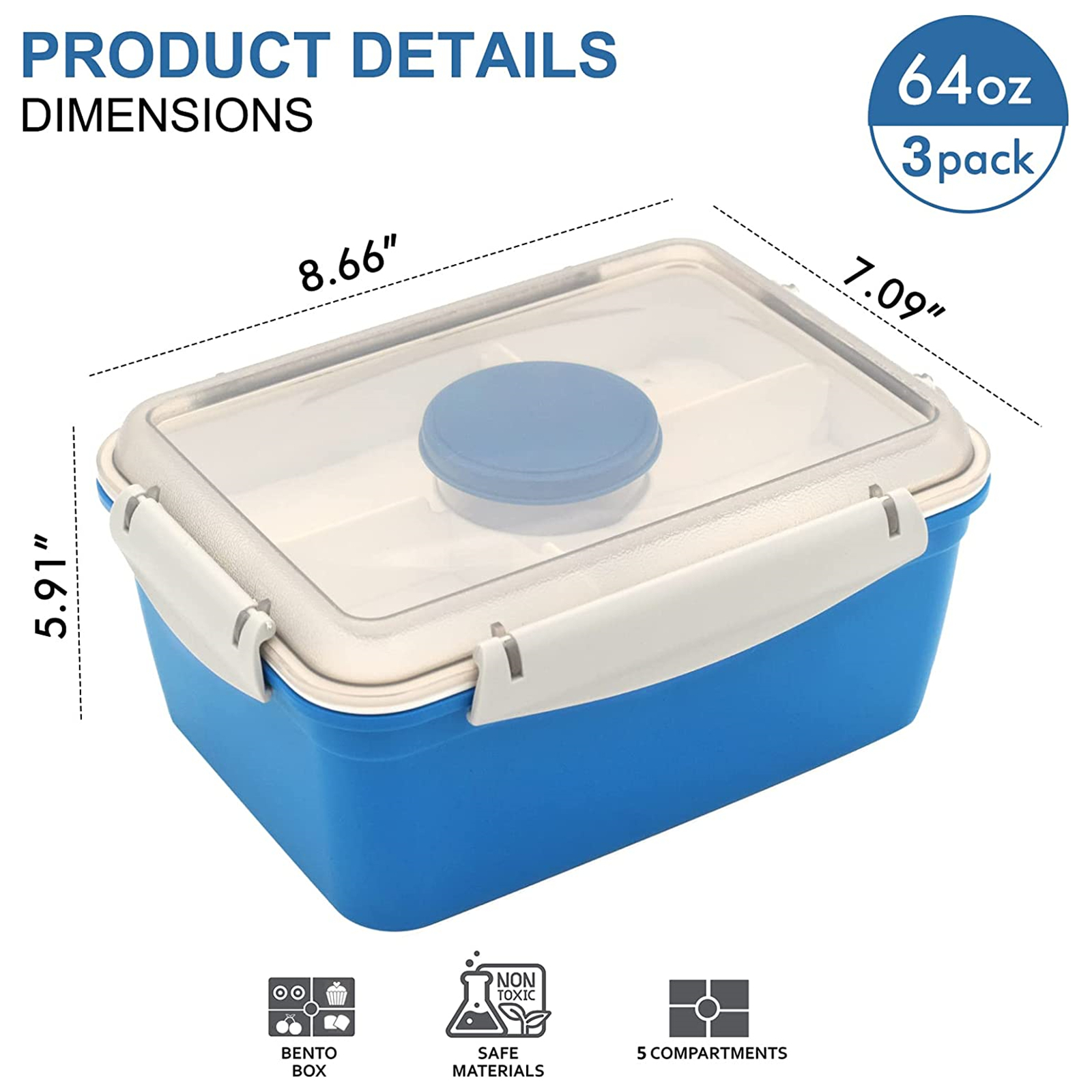 Shopwithgreen Salad Food Storage Container to Go 64oz with 5-Compartment 3 pcs - Dark Green & Rose Red & Dark Blue-shopwithgreen