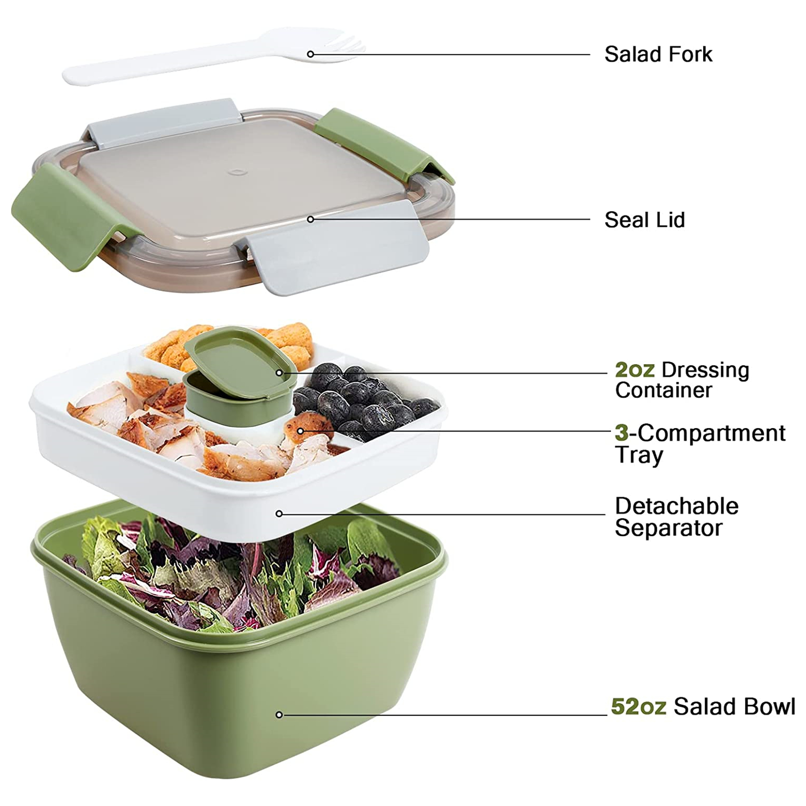 Shopwithgreen 52 OZ to Go Salad Container Lunch Container with 3-Compartment - Army Green-shopwithgreen