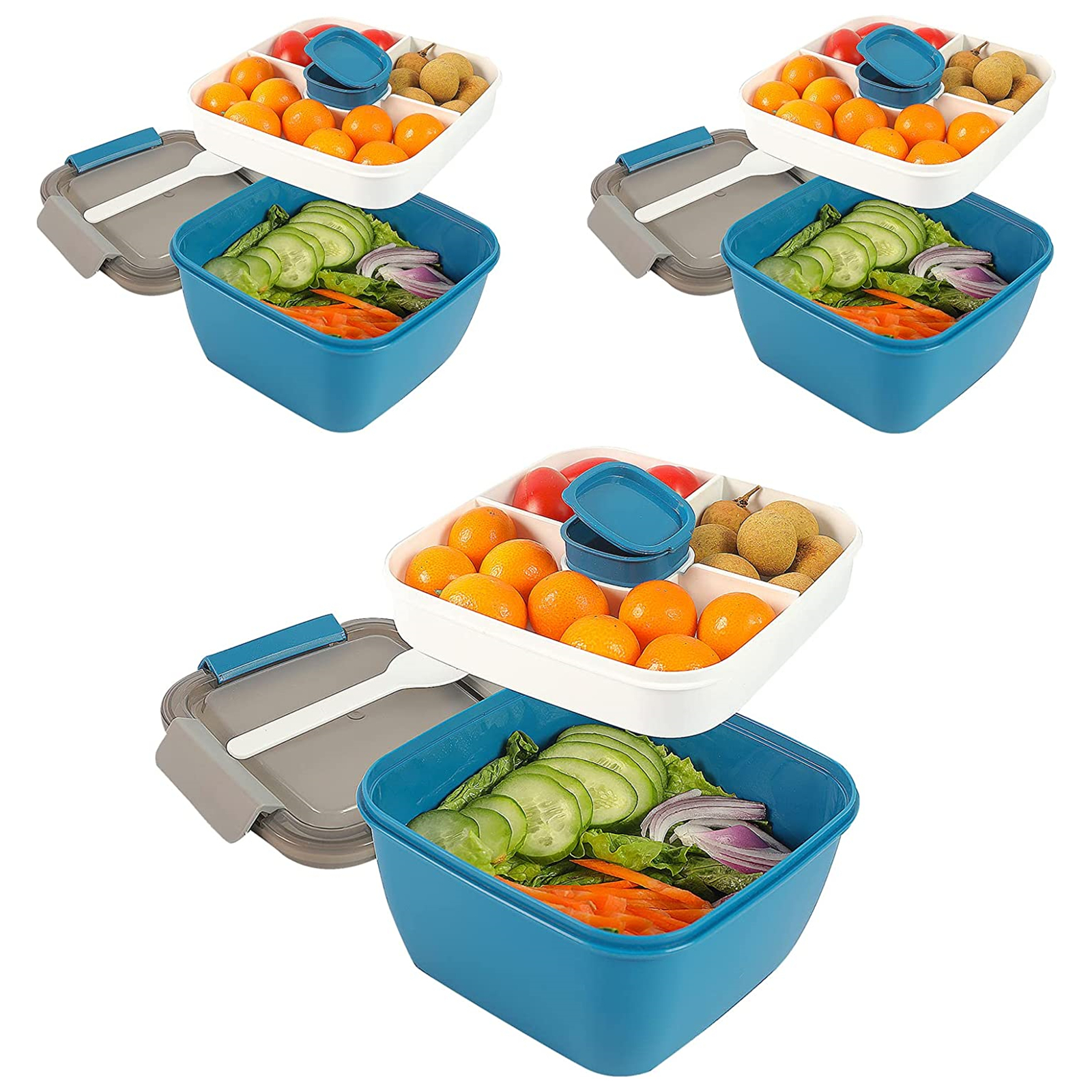 Shopwithgreen 52 OZ to Go Salad Container Lunch Container with 3-Compartment - Blue-3 pcs-shopwithgreen