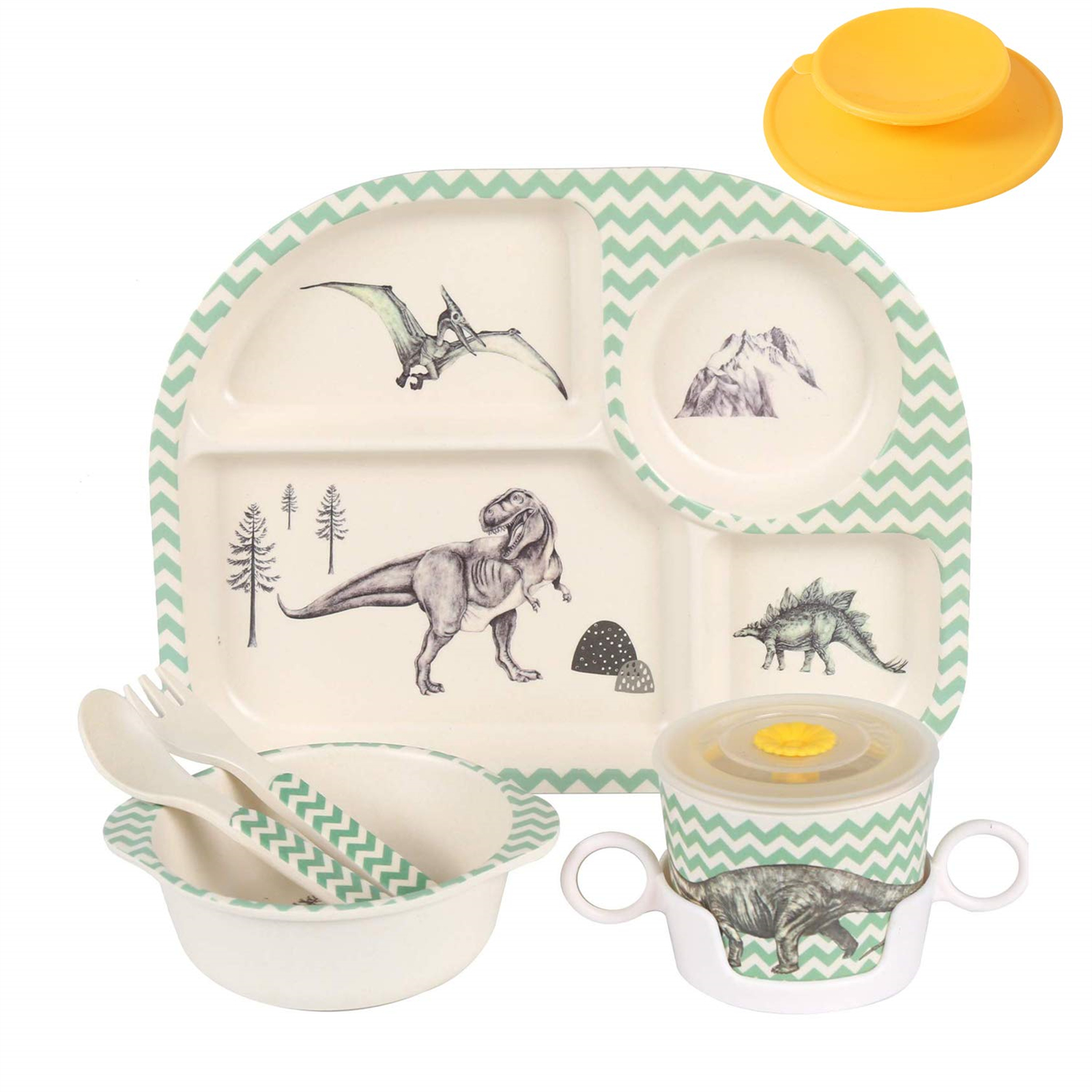 Personalised Childrens Breakfast Dinosaur 3 Piece Plate Bowl Mug Kids Dinner Set 