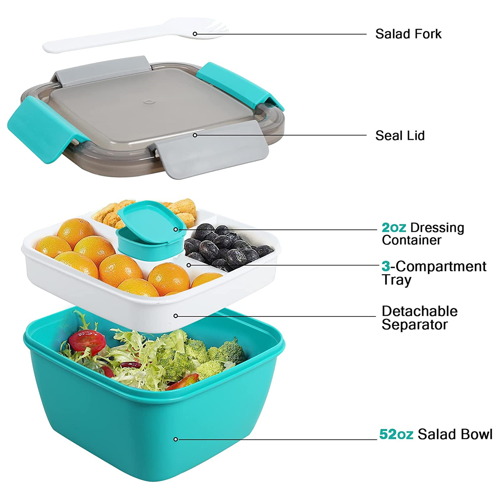 Shopwithgreen 52 OZ to Go Salad Container Lunch Container with 3-Compartment - Lake Blue-shopwithgreen