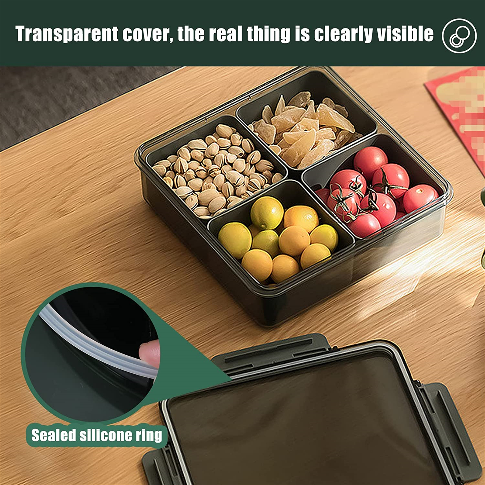Shopwithgreen Divided Serving Tray with Lid & 4 Compartment Removable Dividers - Square Green-shopwithgreen