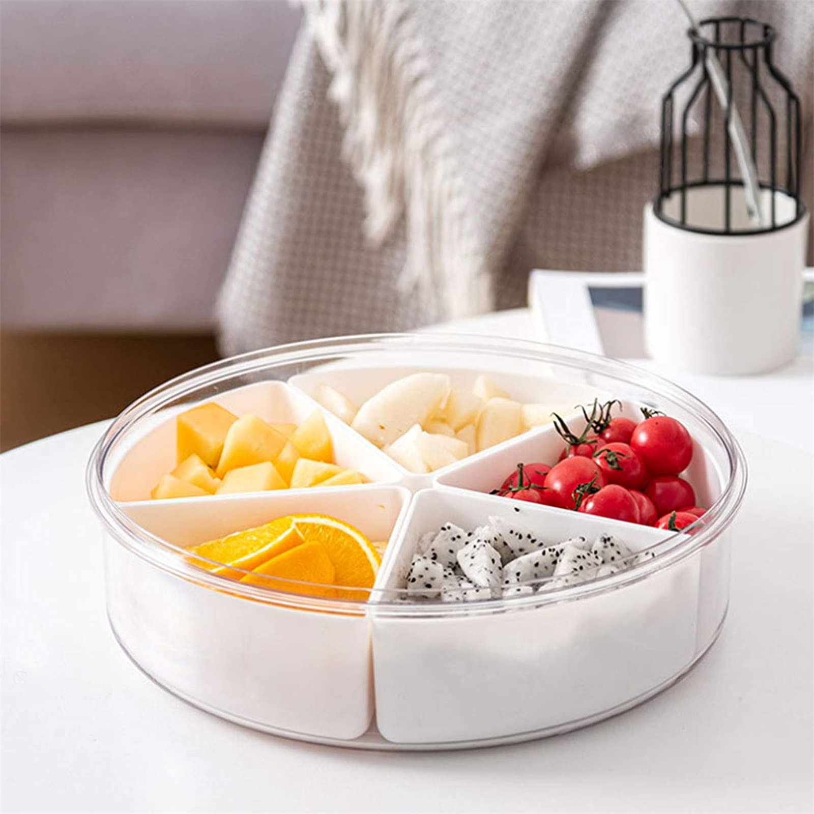 Shopwithgreen Divided Serving Tray with Lid & 5 Compartment Removable Dividers - Round Transparent-shopwithgreen