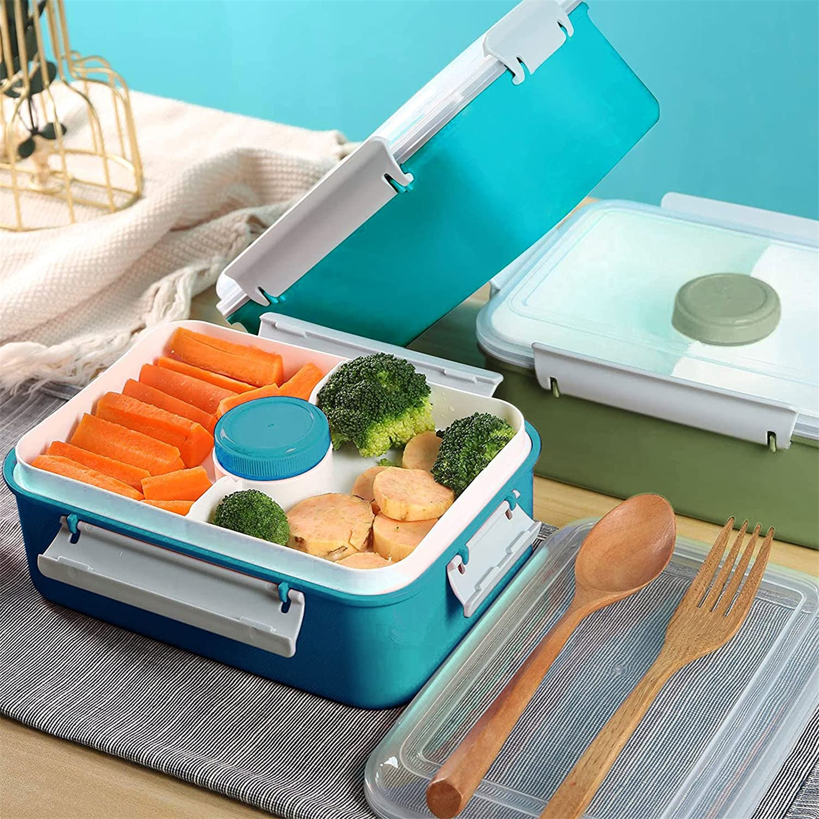 Shopwithgreen Salad Food Storage Container to Go 47-oz with 3-Compartment 3 pcs - Navy & Dark Green & Light Blue-shopwithgreen