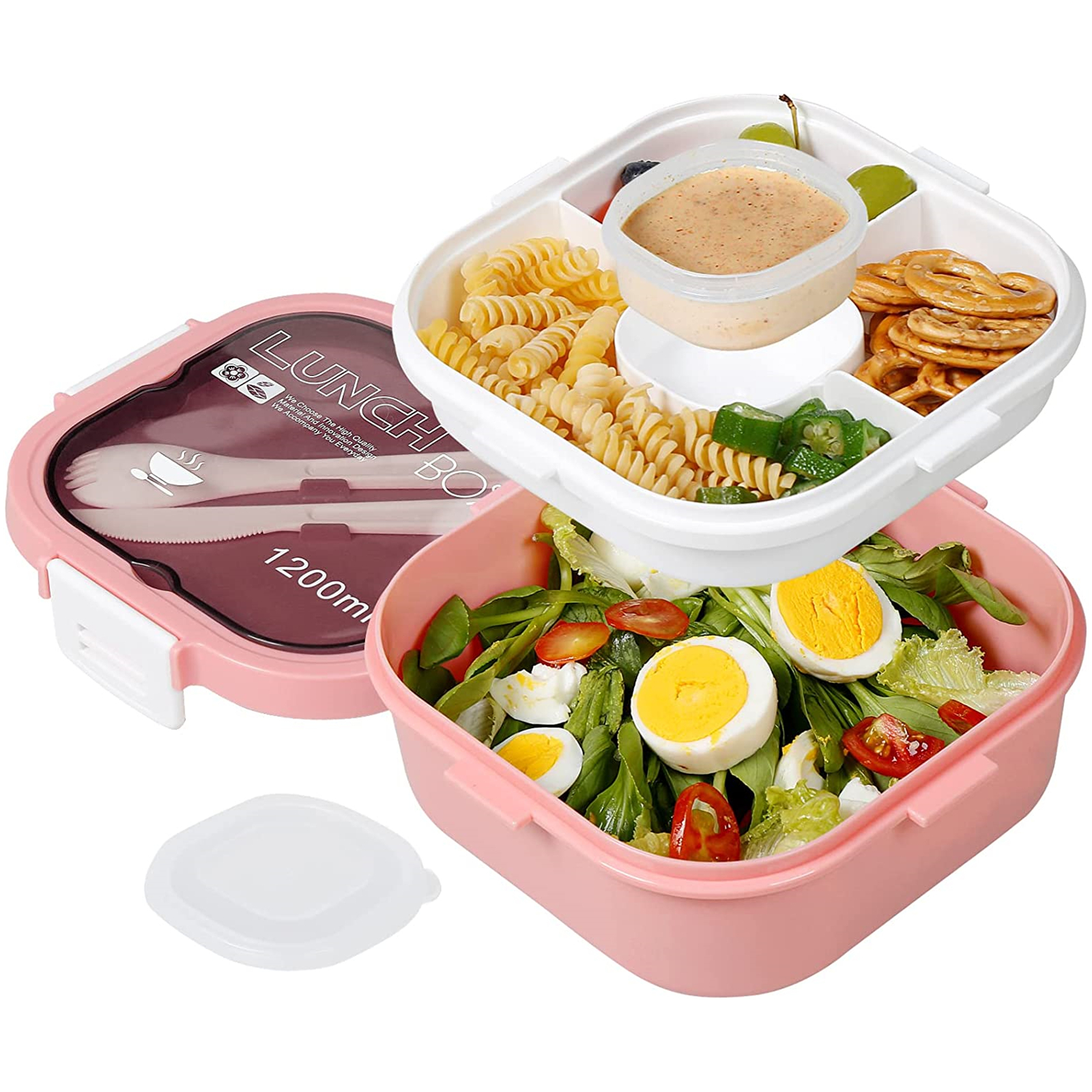Shopwithgreen 40 OZ Salad Lunch Box Container Bento-Style with 4-Compartment - Pink-shopwithgreen