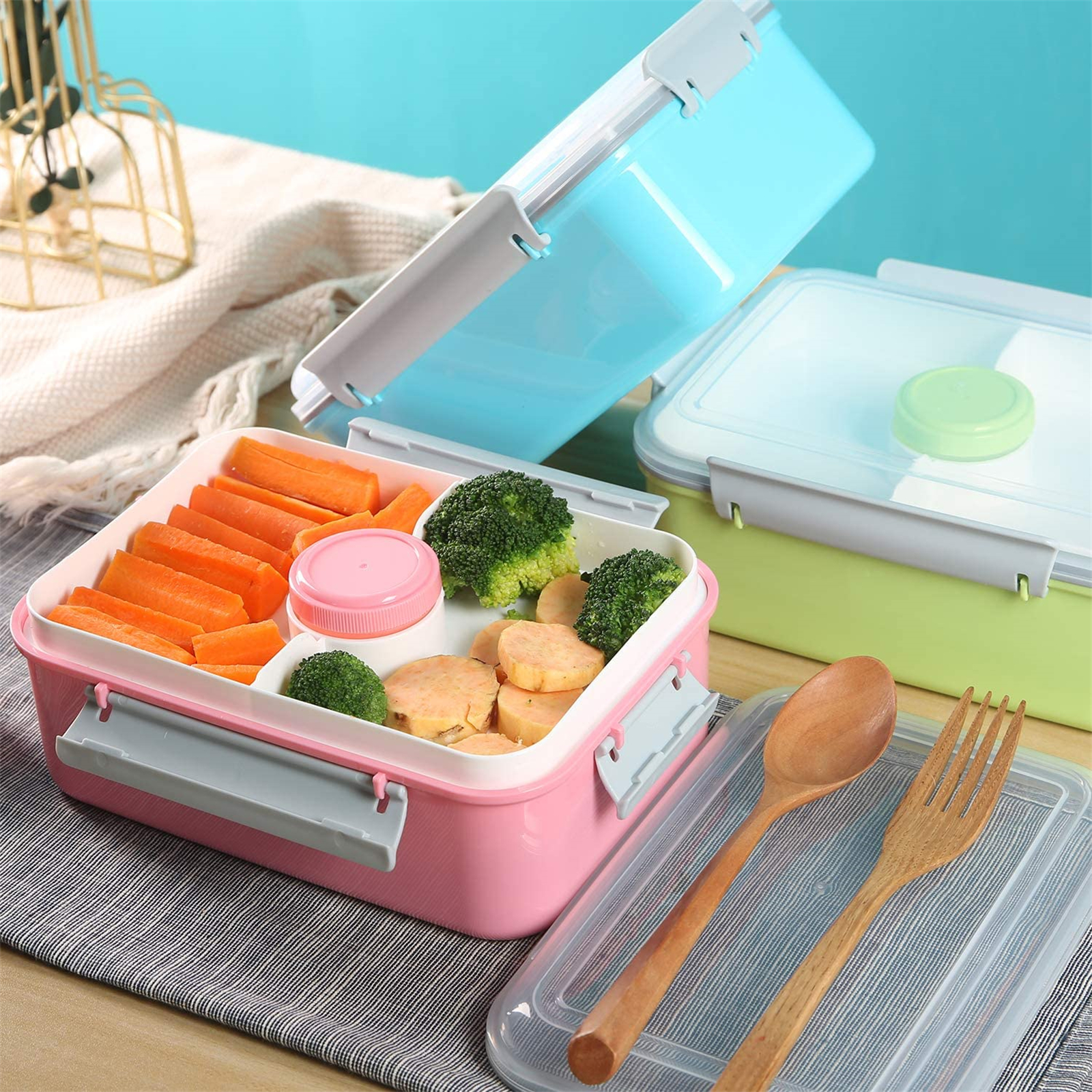 Shopwithgreen Salad Food Storage Container to Go 47-oz with 3-Compartment 3 pcs - Pink & Green & Light Blue-shopwithgreen