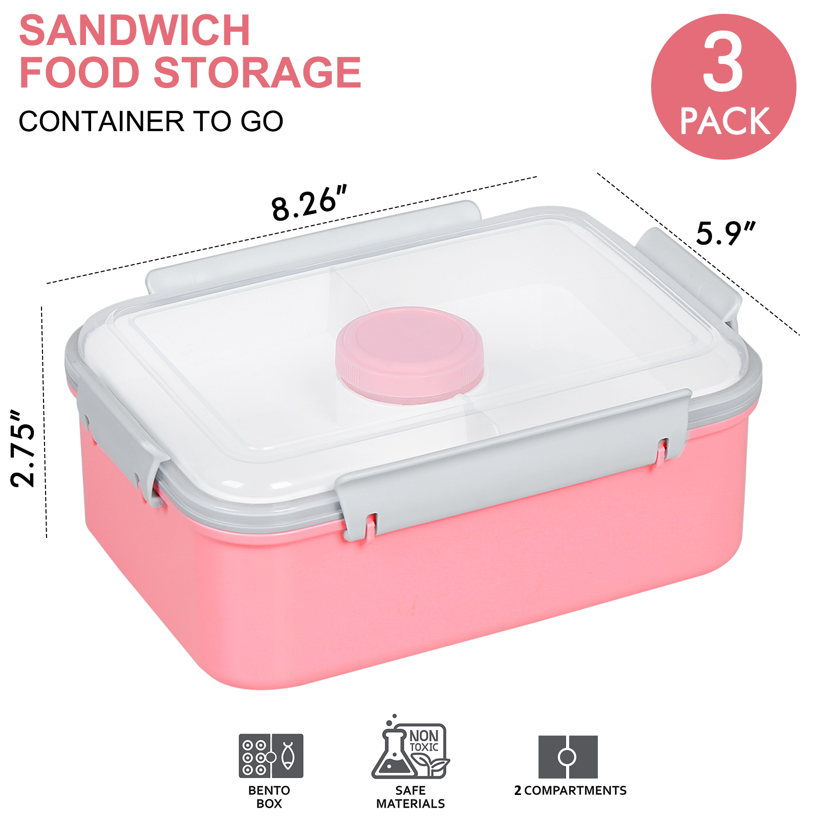 Shopwithgreen Salad Food Storage Container to Go 47-oz with 3-Compartment 3 pcs - Pink-shopwithgreen