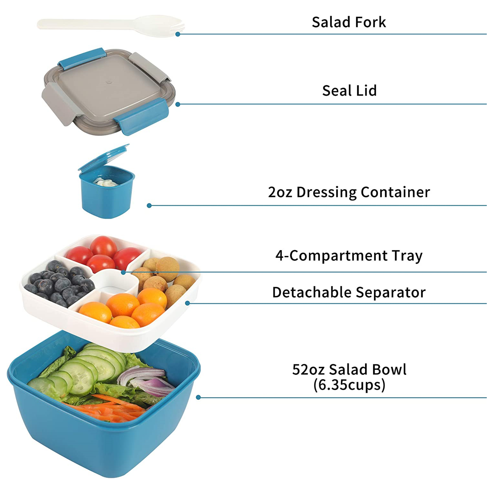 Shopwithgreen 52 OZ to Go Salad Container Lunch Container with 3-Compartment - Blue-3 pcs-shopwithgreen