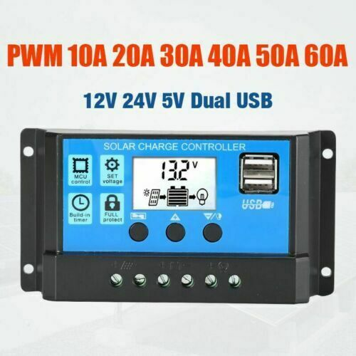 30/60A Dual USB Solar Panel Battery Regulator Charge Controller LCD Auto 12V 24V 
