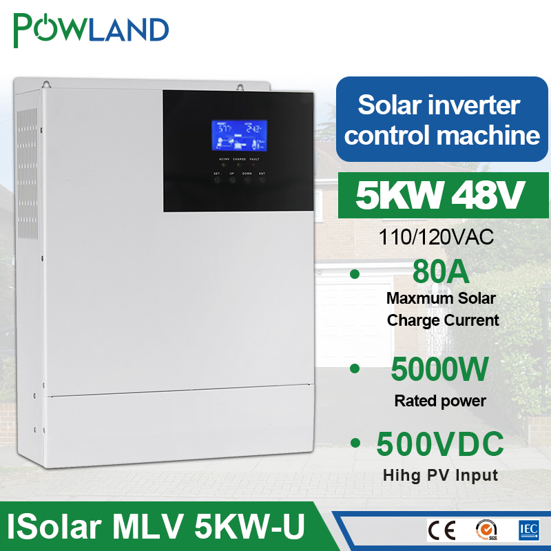 POWLAND 5000W Hybrid Solar Inverter AC 110V DC 48V 50HZ/60HZ Pure Sine Wave Inverter 80A MPPT Charge Controller