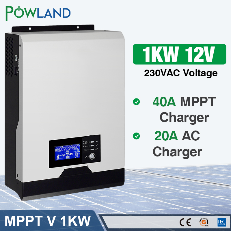 POWLAND 1KW Solar Inverter 12V Pure Sine Wave Inverter 40A MPPT Off Grid Inverter