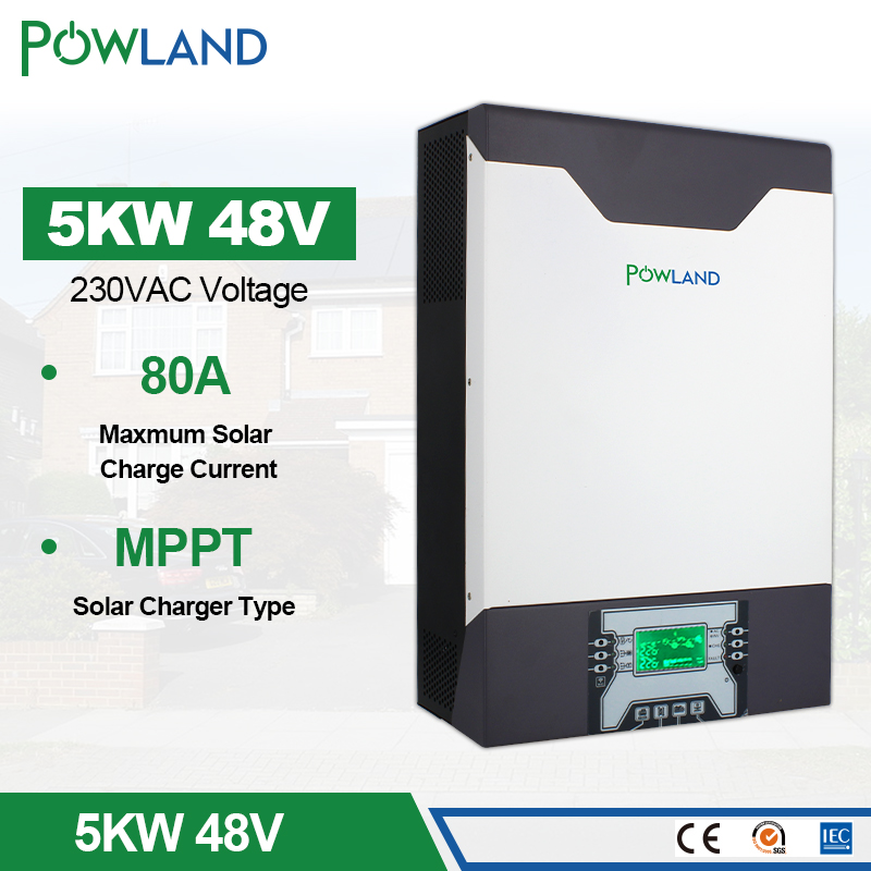 POWLAND Solar Inverter 500Vdc 5000W 80A MPPT Parallel Inverter 48V 230VAC Pure Sine Wave Hybrid Inverter With Battery Charger