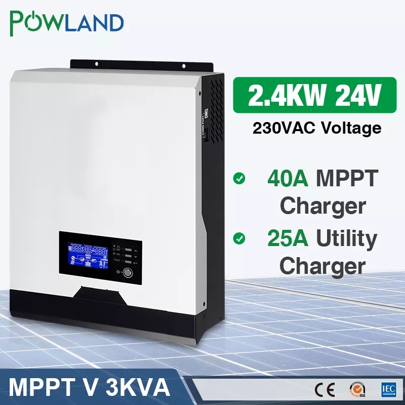 POWLAND 3000Kva 2400w 24v 230vac Solar Inverter 40A MPPT Solar Charger 25A Charger