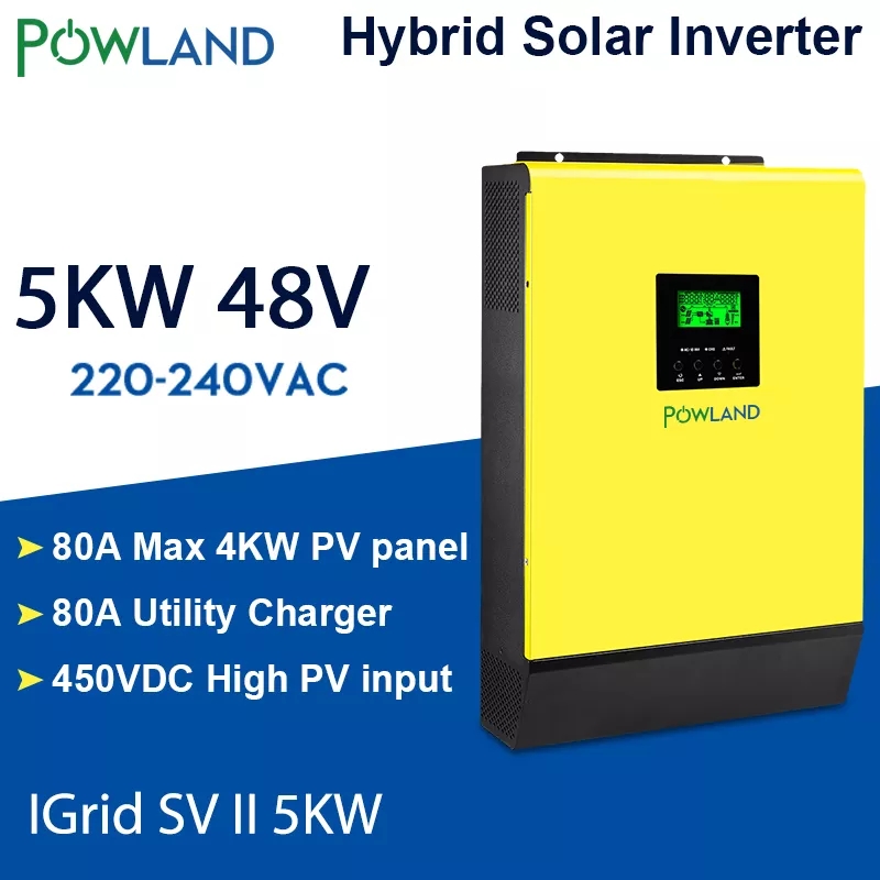 POWLAND Hybrid Solar inverter 5000W 48V 220V High PV Input 450Vdc MPPT Solar Charger 80A Battery Charger Grid Tied Inverter