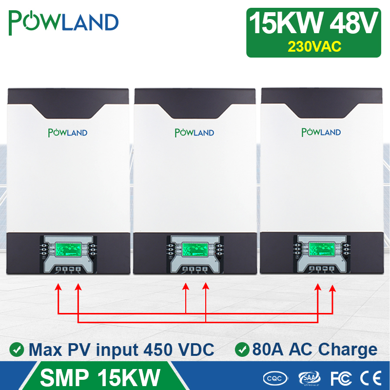 POWLAND Solar inverter 500VDC 15000W 80A MPPT 48V 230VAC pure sine wave 3-phase parallel inverter