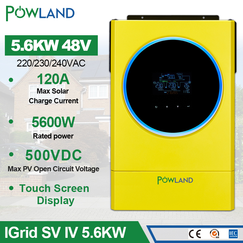 Powland Hybrid Solar Inverter 5.6KW 230vac MPPT 120A Solar Charger PV Input 6000W 450vdc LED Ring Lights Touchable Button