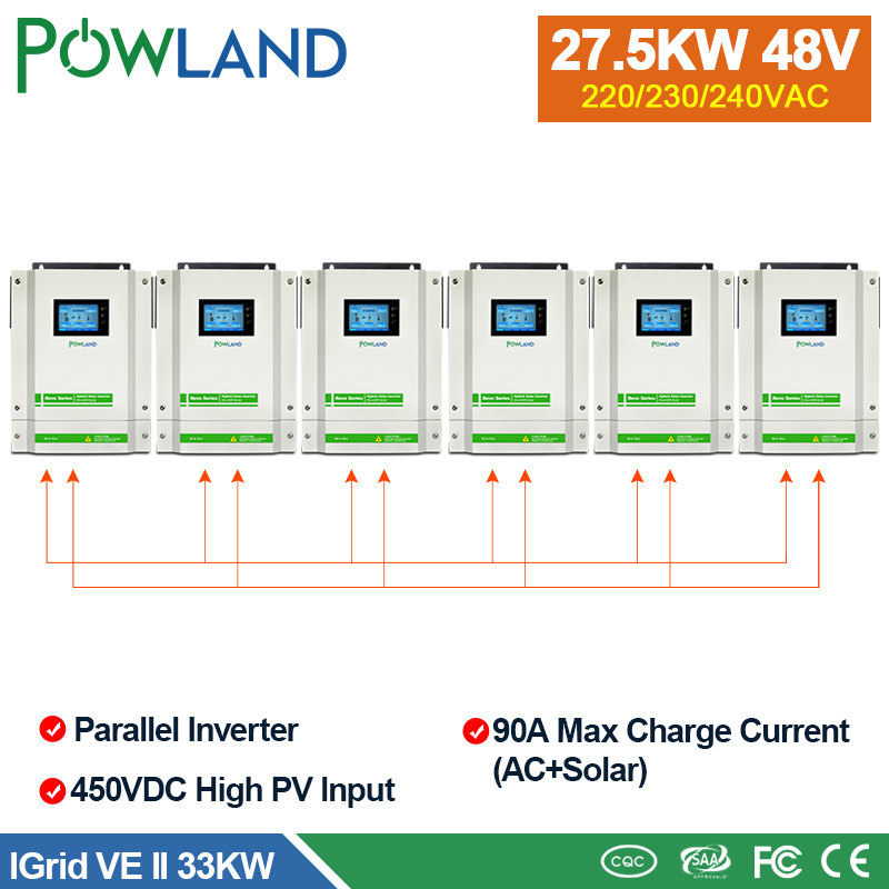 POWLAND Hybrid Solar Inverter 33000W 90A MPPT Charger 220V 48V 5.5KW 450Vdc Grid Tied Touch Screen Inverter with CT Sensor