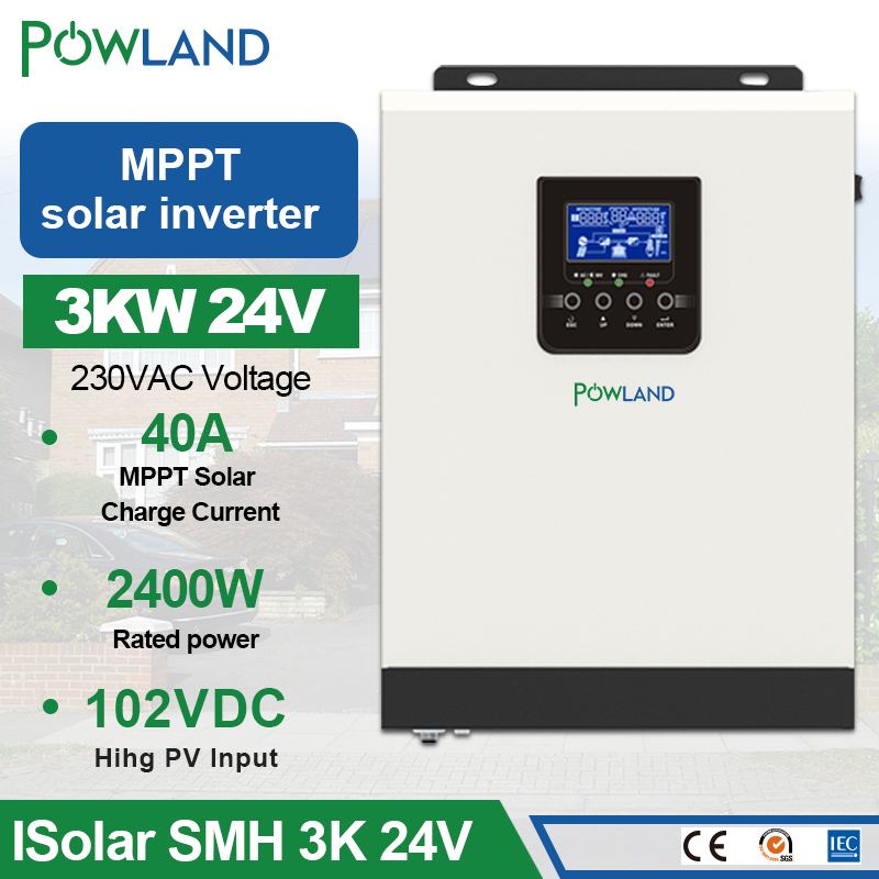 POWLAND MPPT L 3KVA is a Competitive Cost 3KVA 2400w 24Vdc Off Grid Solar Power Inverter MPPT Solar Inverter with 40A MPPT Solar Charger and 30A AC Charger