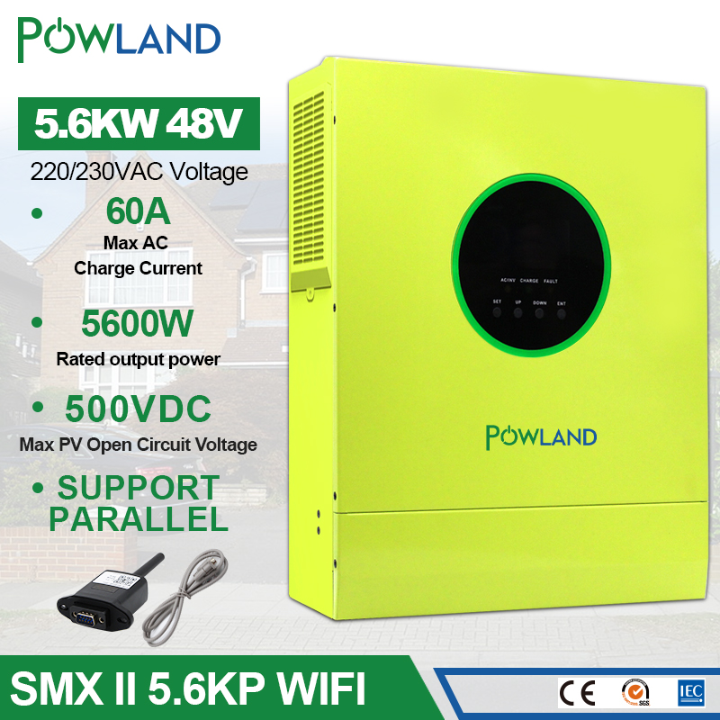 Powland 5.6KW/5600W Solar Inverter  MPPT Pure Sine Wave 500VDC 60A Solar Charge Controller 48V 220V 50Hz/60Hz Off Grid Inverter With Wifi Module Ship Fron EU