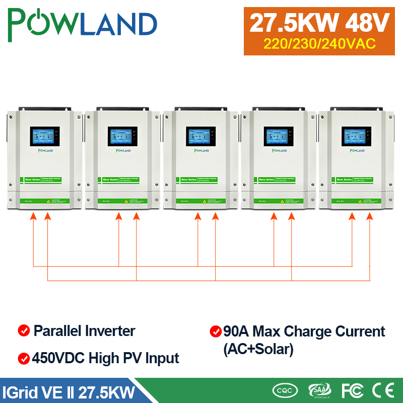 POWLAND Hybrid Solar Inverter 27500W 90A MPPT Charger 220V 48V 5.5KW 450Vdc Grid Tied Touch Screen Inverter with CT Sensor