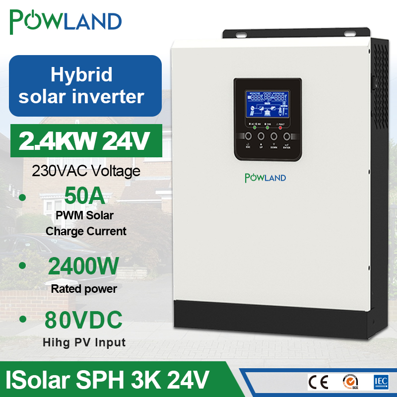 POWLAND Solar Inverter 3kva Pure Sine Wave 24V 220V Hybrid Inverter Built-in 50A PWM Solar Charger