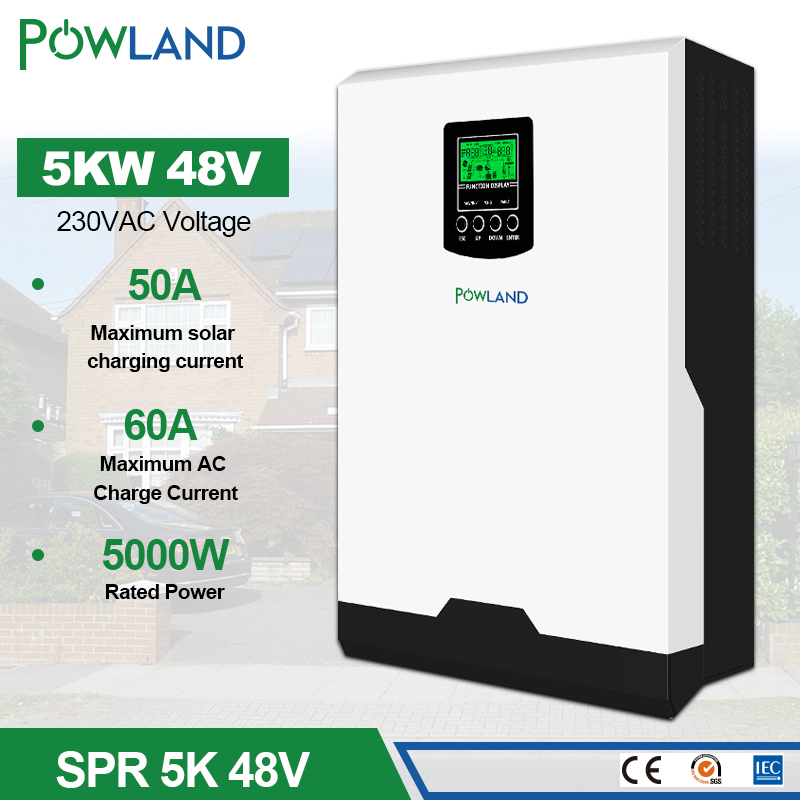 POWLAND 5KW Solar Inverter Pure Sine Wave 220VAC Output Built-in PWM 48V 50A Charge