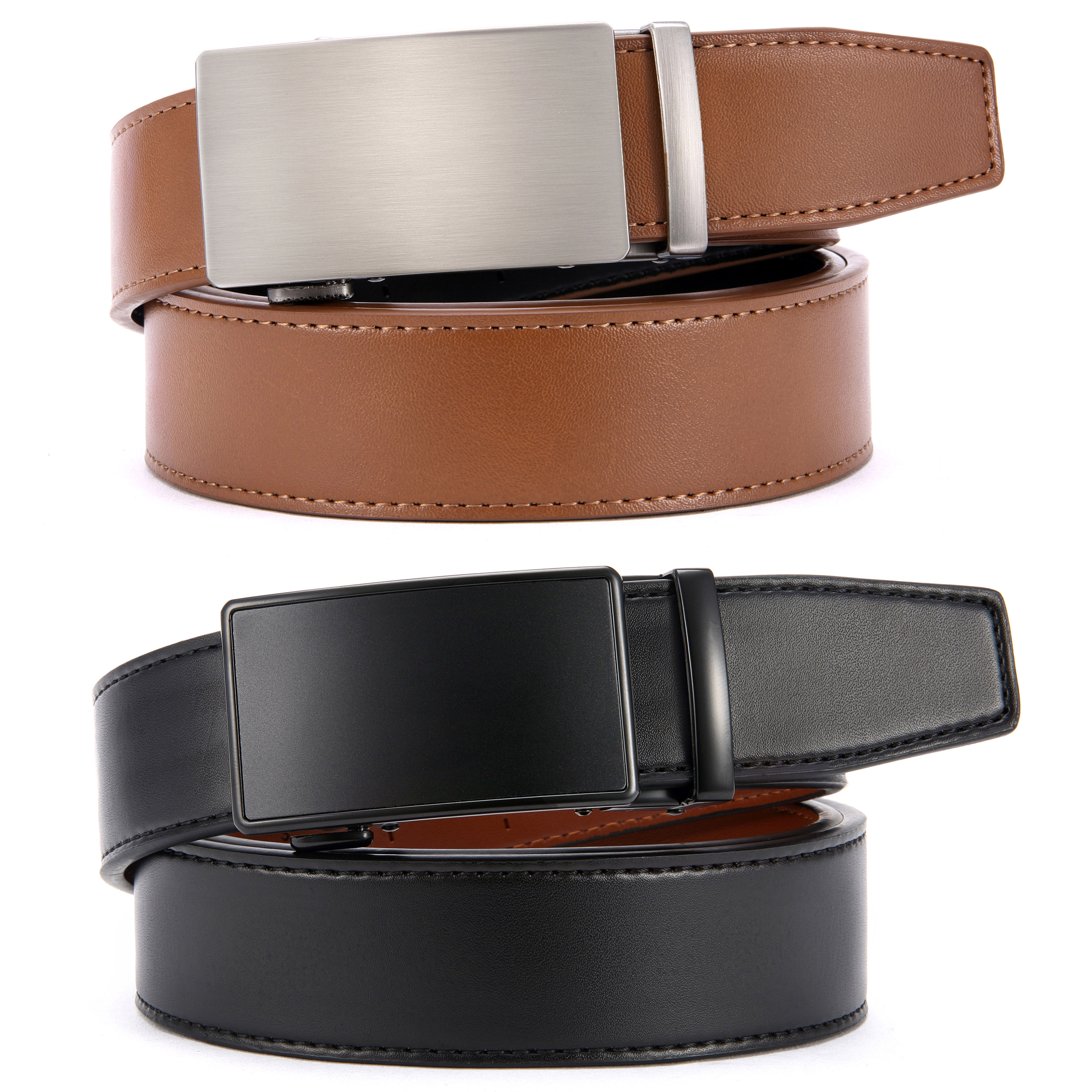 Chaoren Leather Ratchet Belt 2 Pack Dress with Click Sliding Buckle 