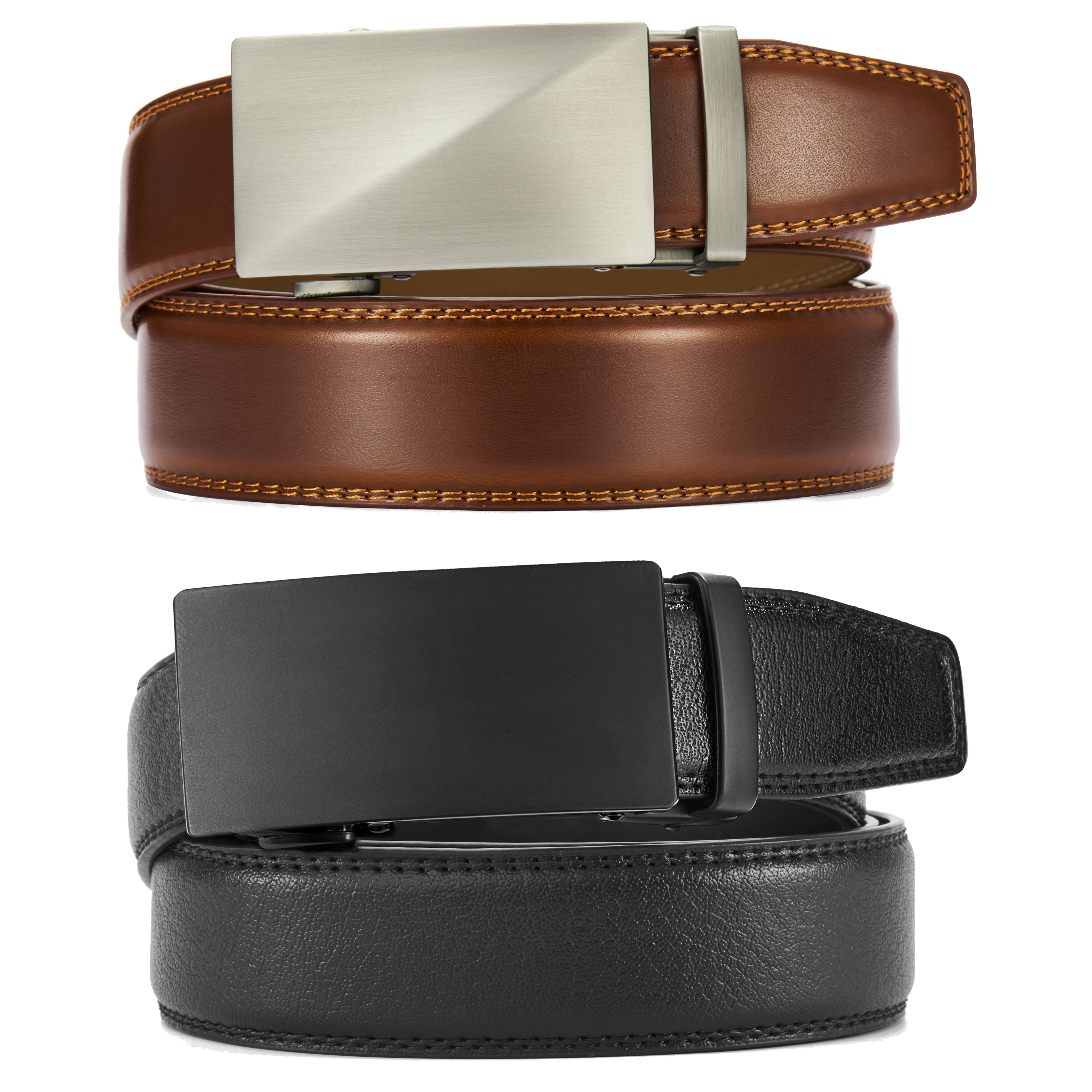 Chaoren Leather Ratchet Belt 2 Pack Dress with Click Sliding Buckle 1 3/8" in Gift Set Box - Adjustable Trim to Fit