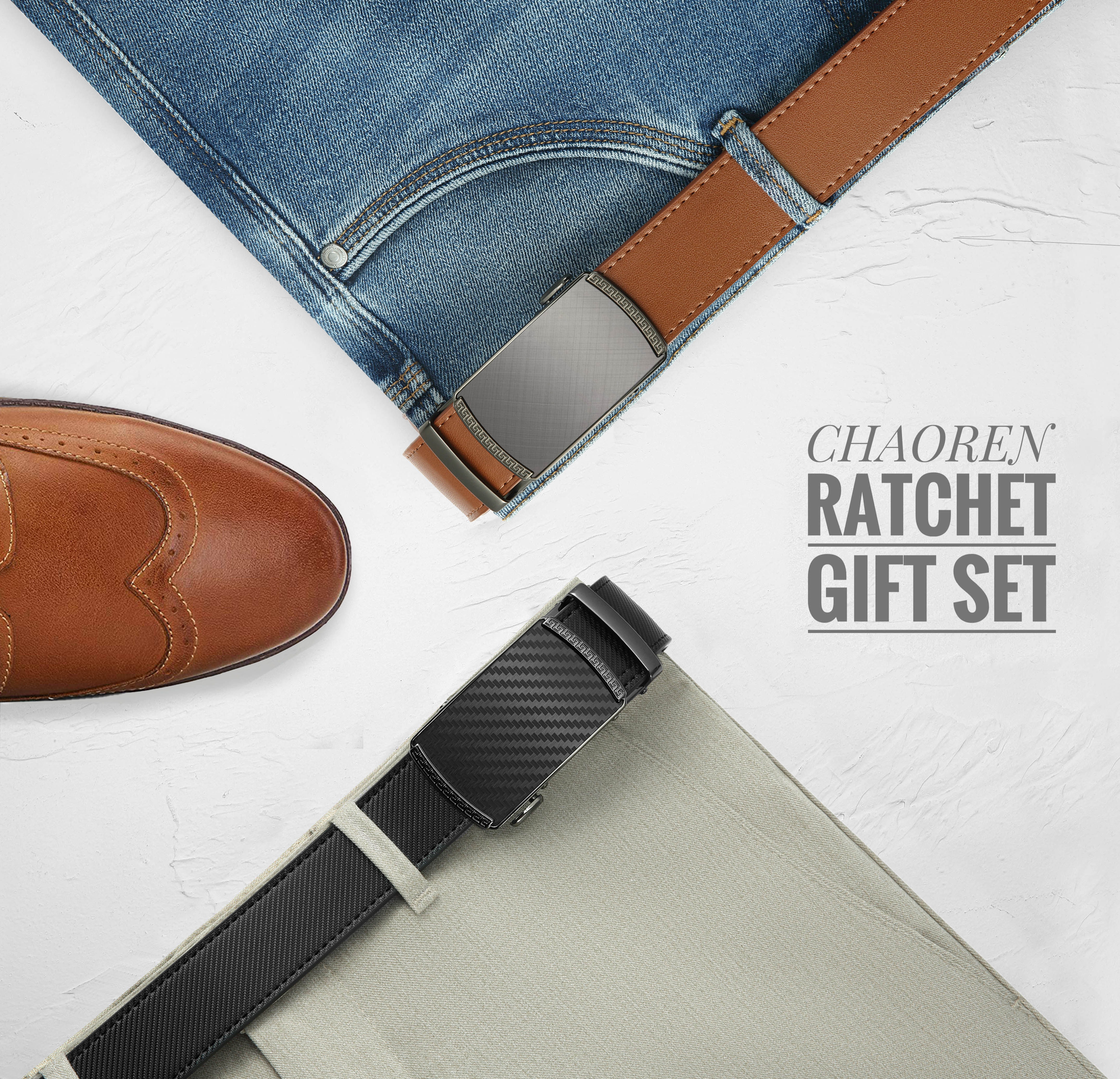 Chaoren Leather Ratchet Belt 2 Pack Dress with Click Sliding Buckle