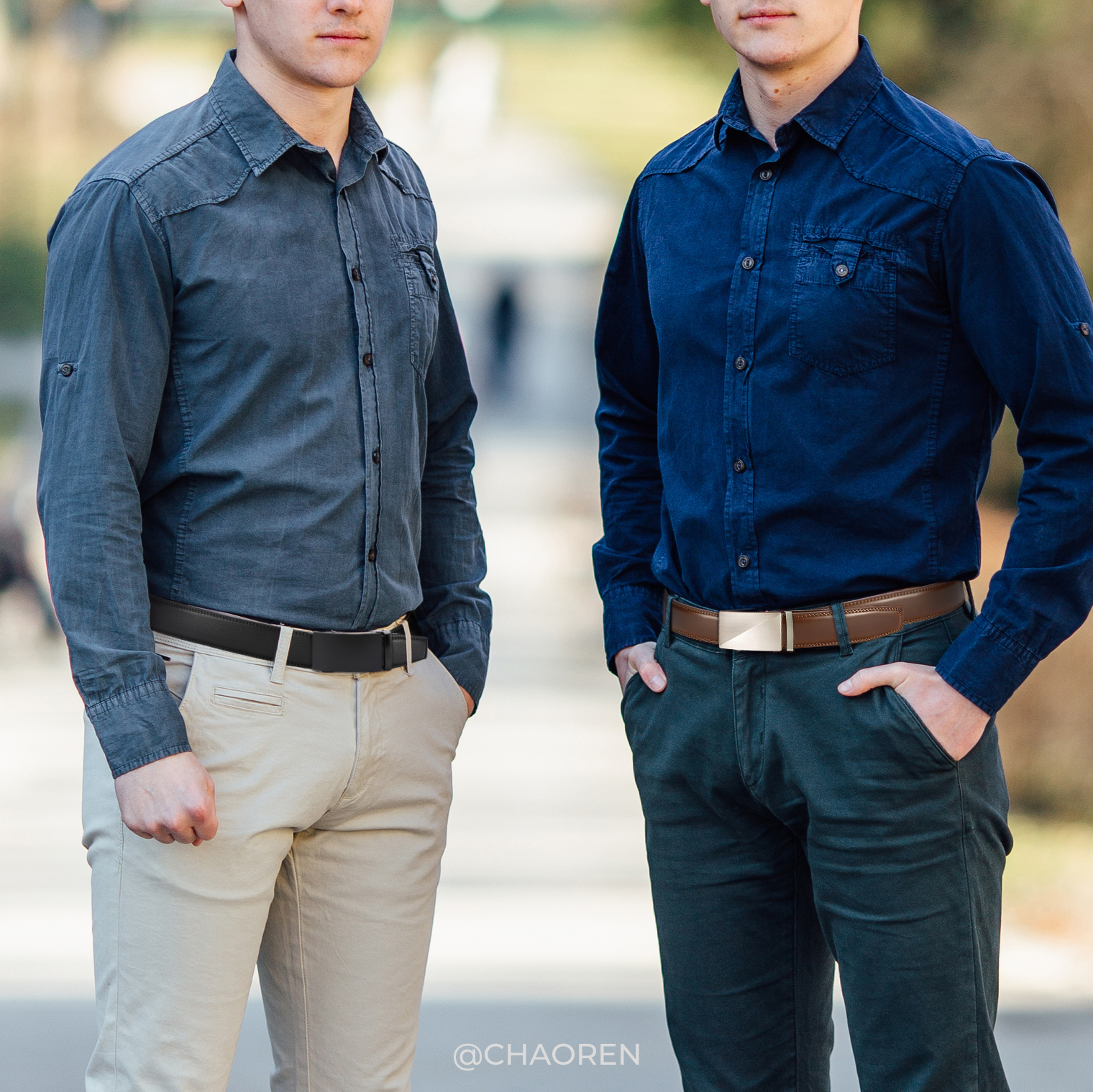 Chaoren Leather Ratchet Belt 2 Pack Dress with Click Sliding Buckle 1 3/8" in Gift Set Box - Adjustable Trim to Fit