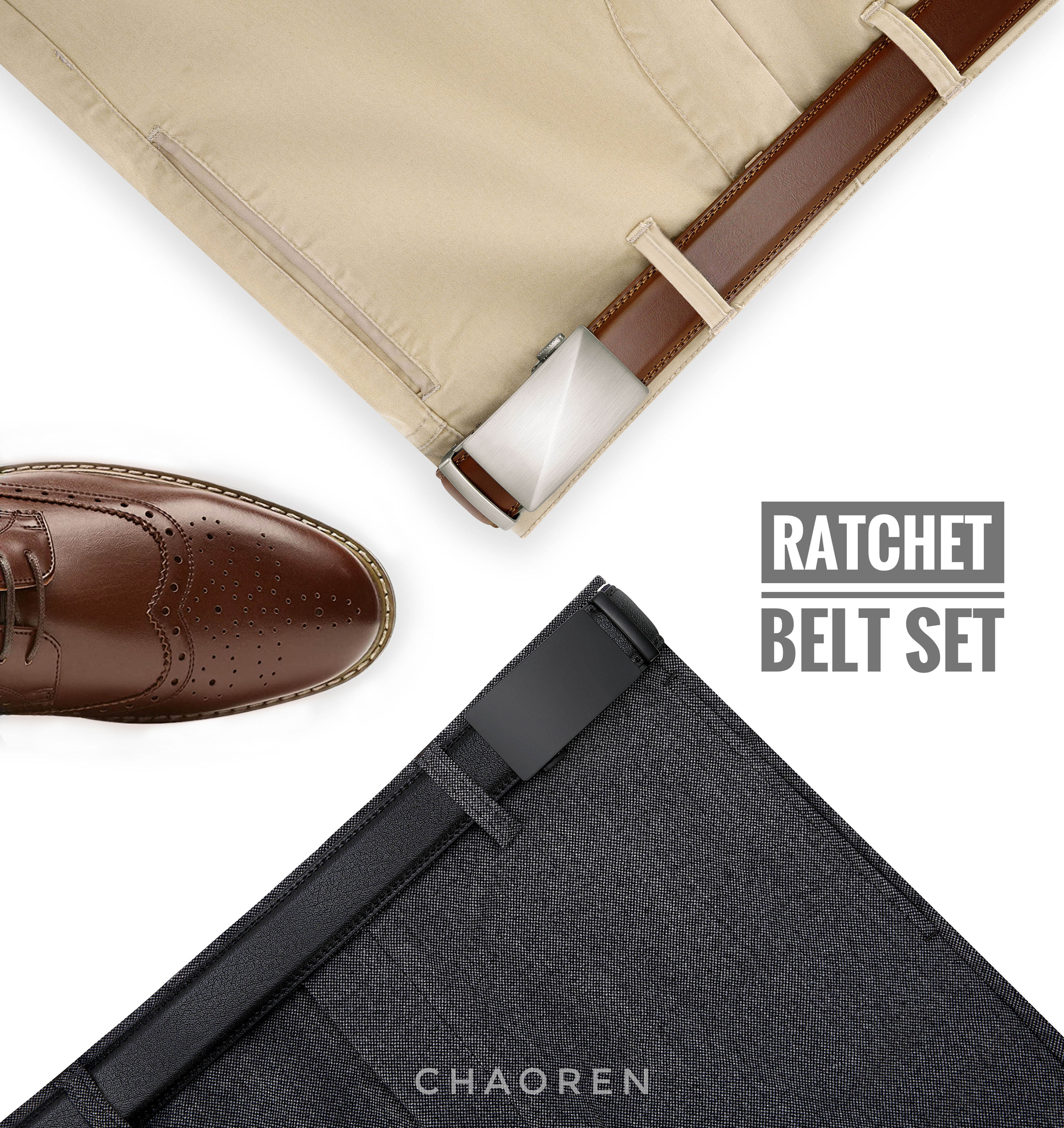 Chaoren Leather Ratchet Belt 2 Pack Dress with Click Sliding Buckle 1 3/8" in Gift Set Box - Adjustable Trim to Fit