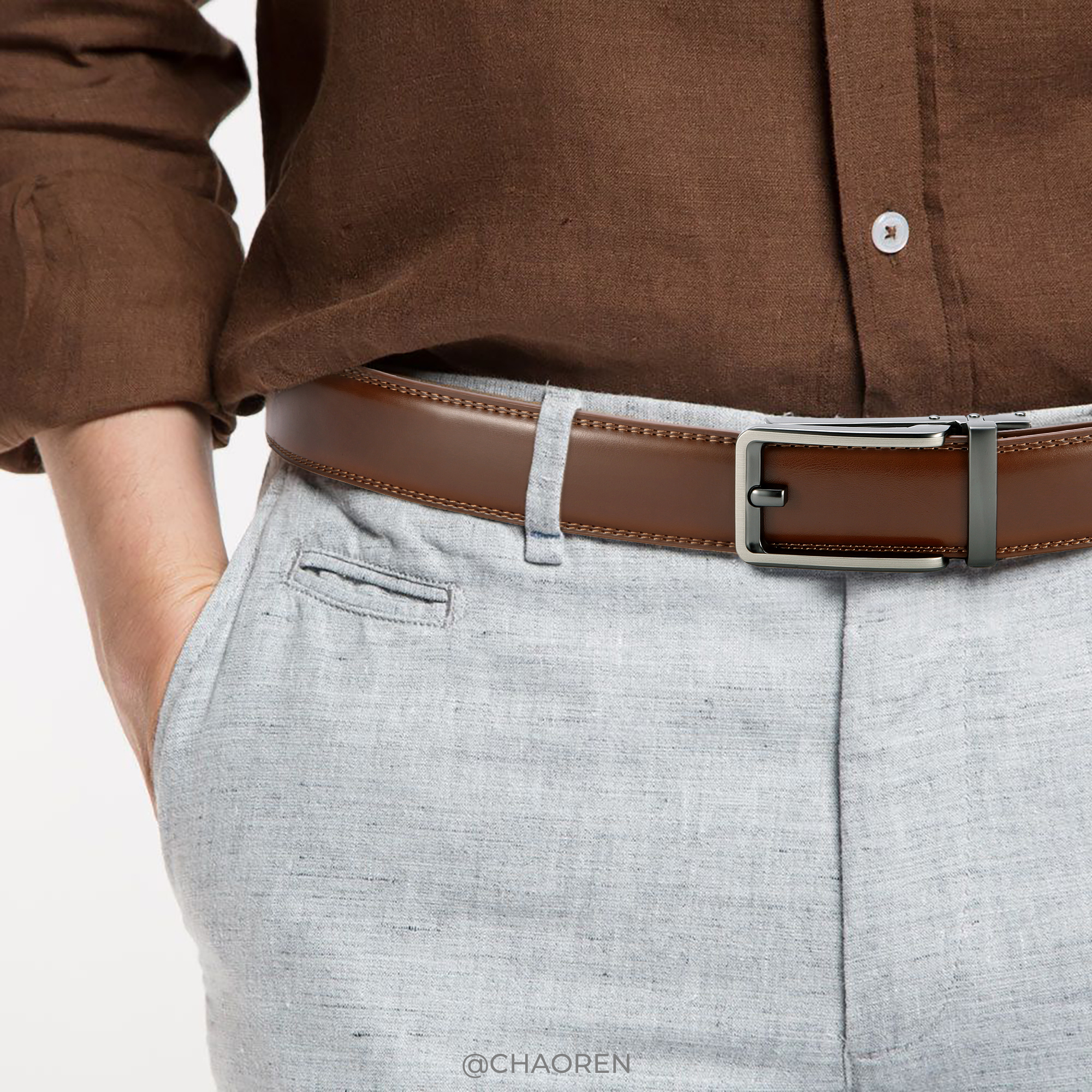 Chaoren Click Ratchet Belt Dress with Sliding Buckle 1 3/8" - Men's Belt Adjustable Trim to Exact Fit