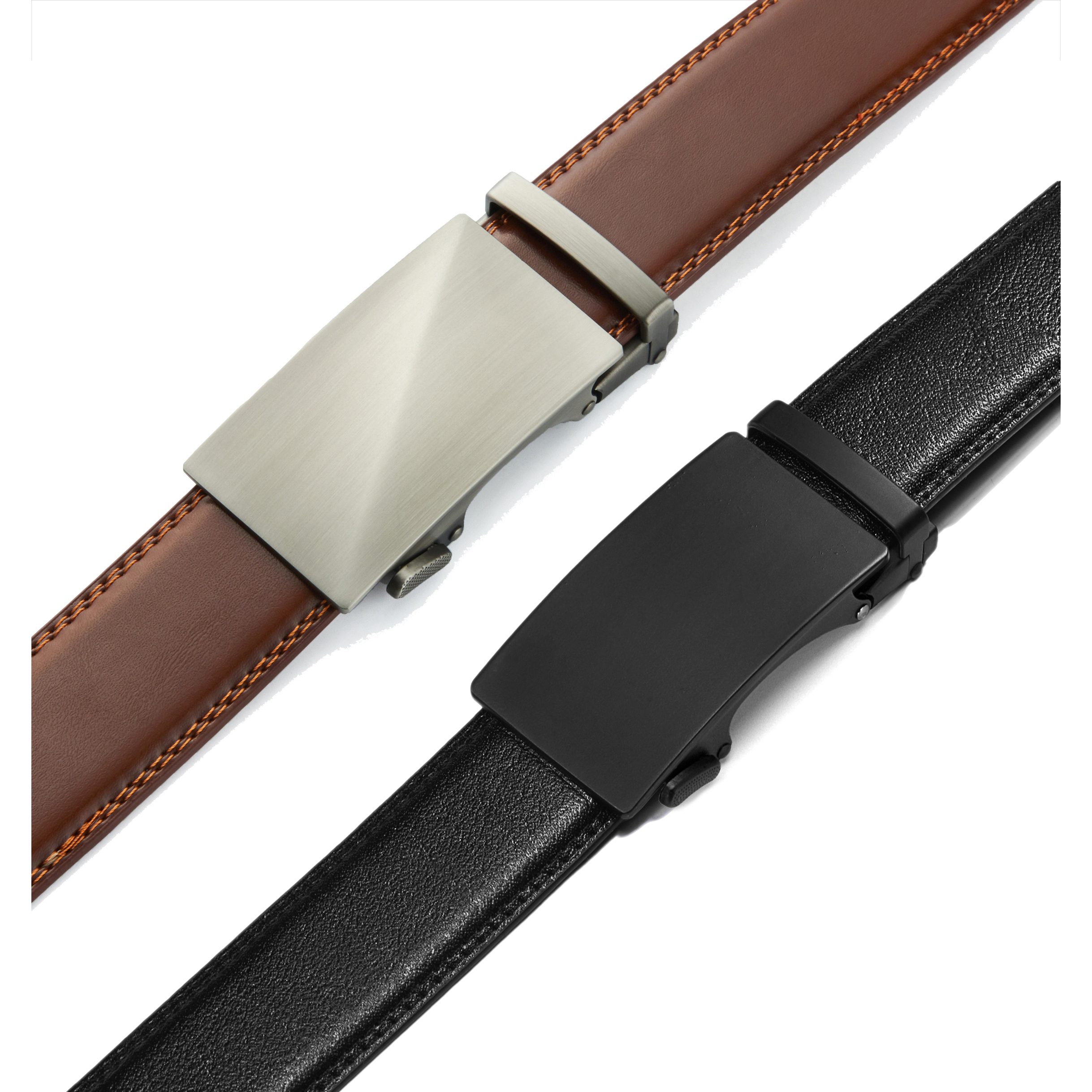 Chaoren Leather Ratchet Belt 2 Pack Dress with Click Sliding Buckle 1 3/8" in Gift Set Box - Adjustable Trim to Fit