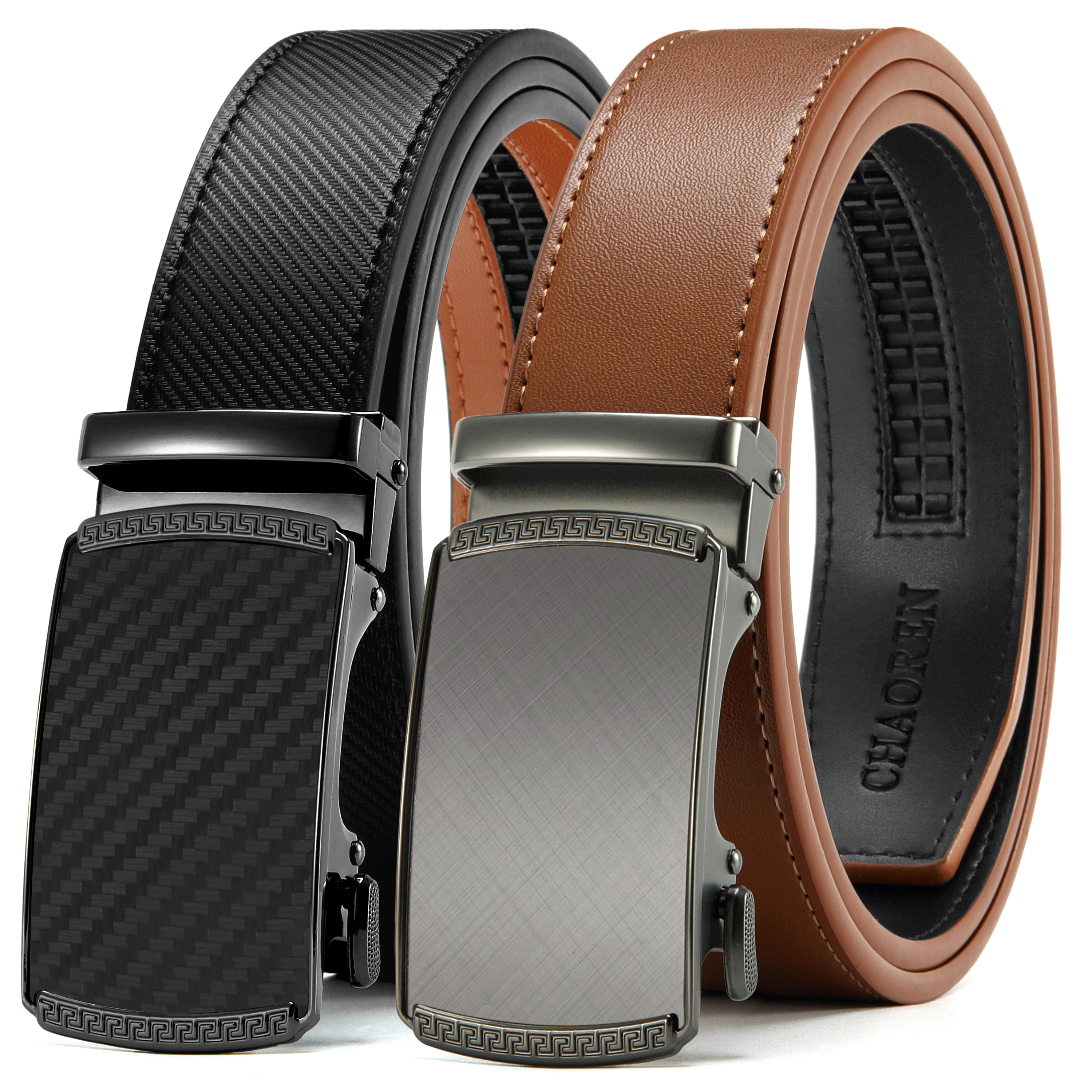 Chaoren Leather Ratchet Belt 2 Pack Dress with Click Sliding Buckle