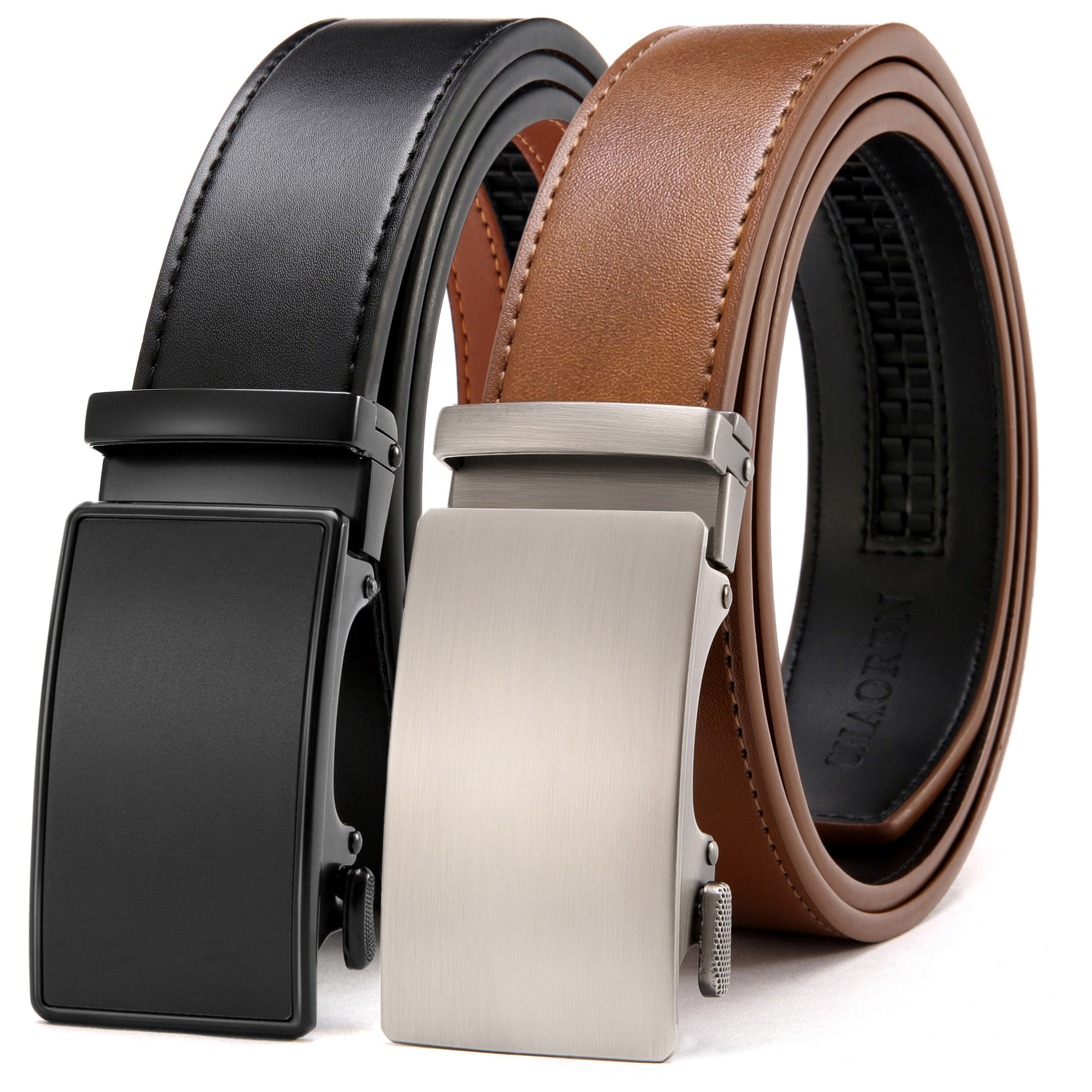 Chaoren Leather Ratchet Belt 2 Pack Dress with Click Sliding Buckle 