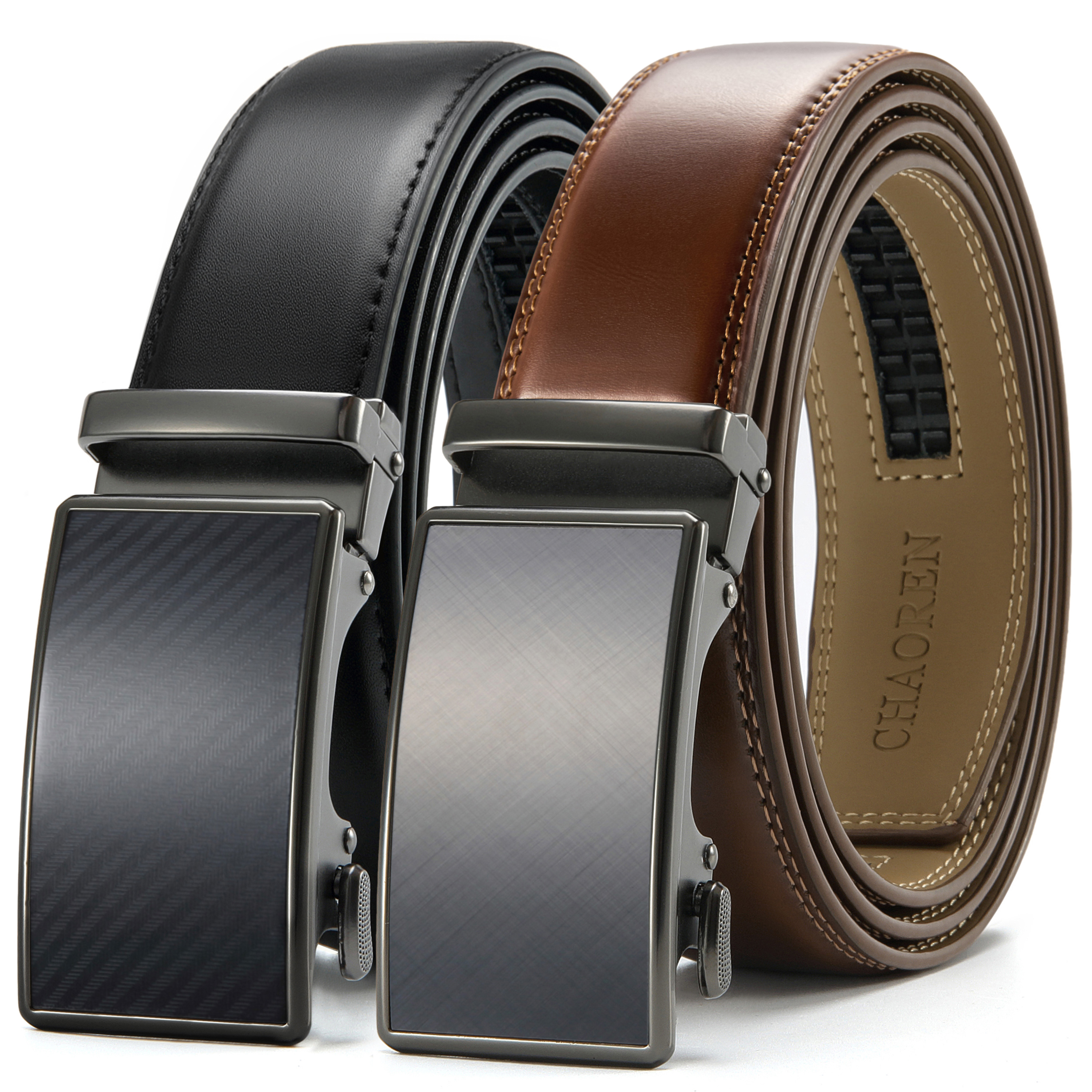 Chaoren Leather Ratchet Belt 2 Pack Dress with Click Sliding Buckle