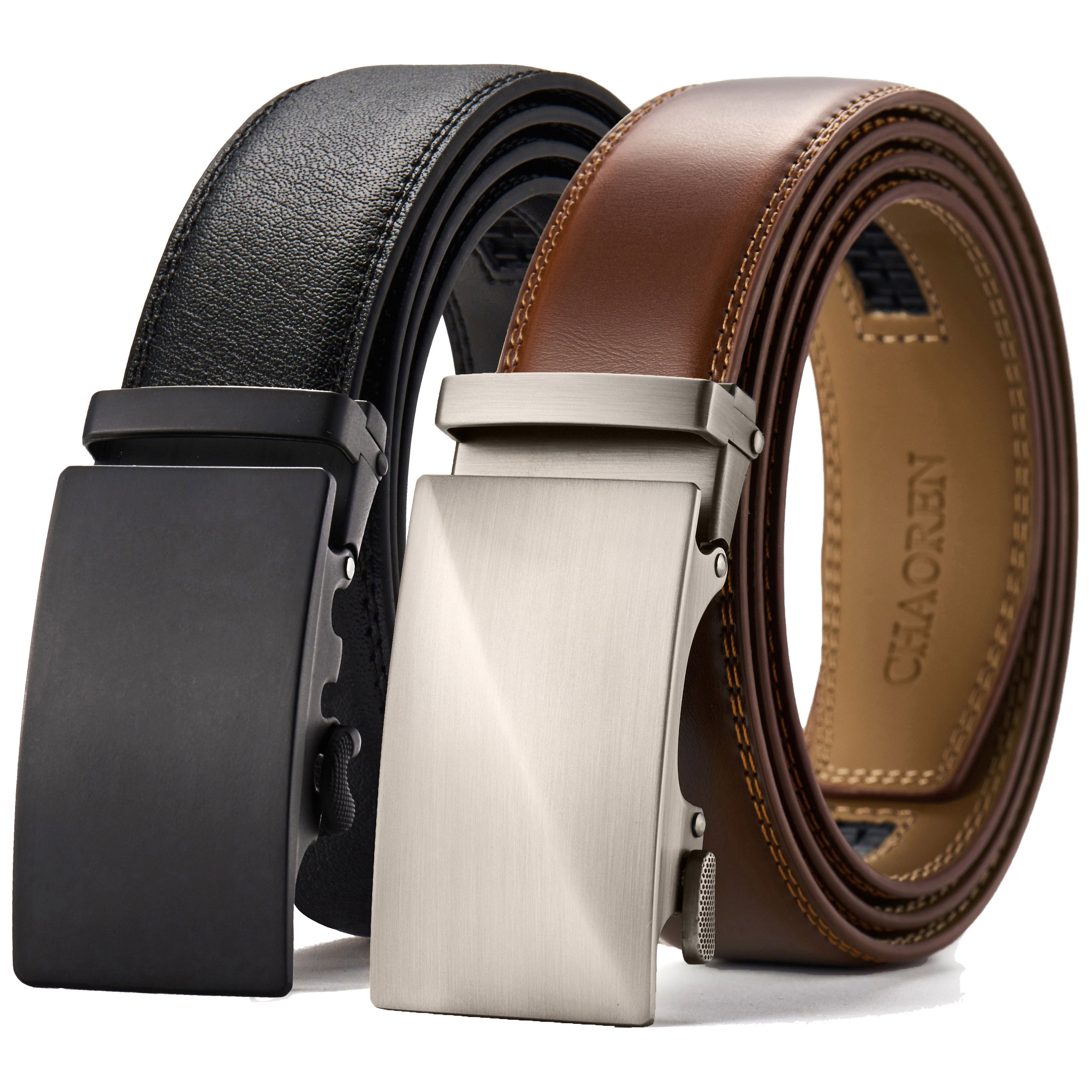 Chaoren Leather Ratchet Belt 2 Pack Dress with Click Sliding Buckle 1 3/8" in Gift Set Box - Adjustable Trim to Fit