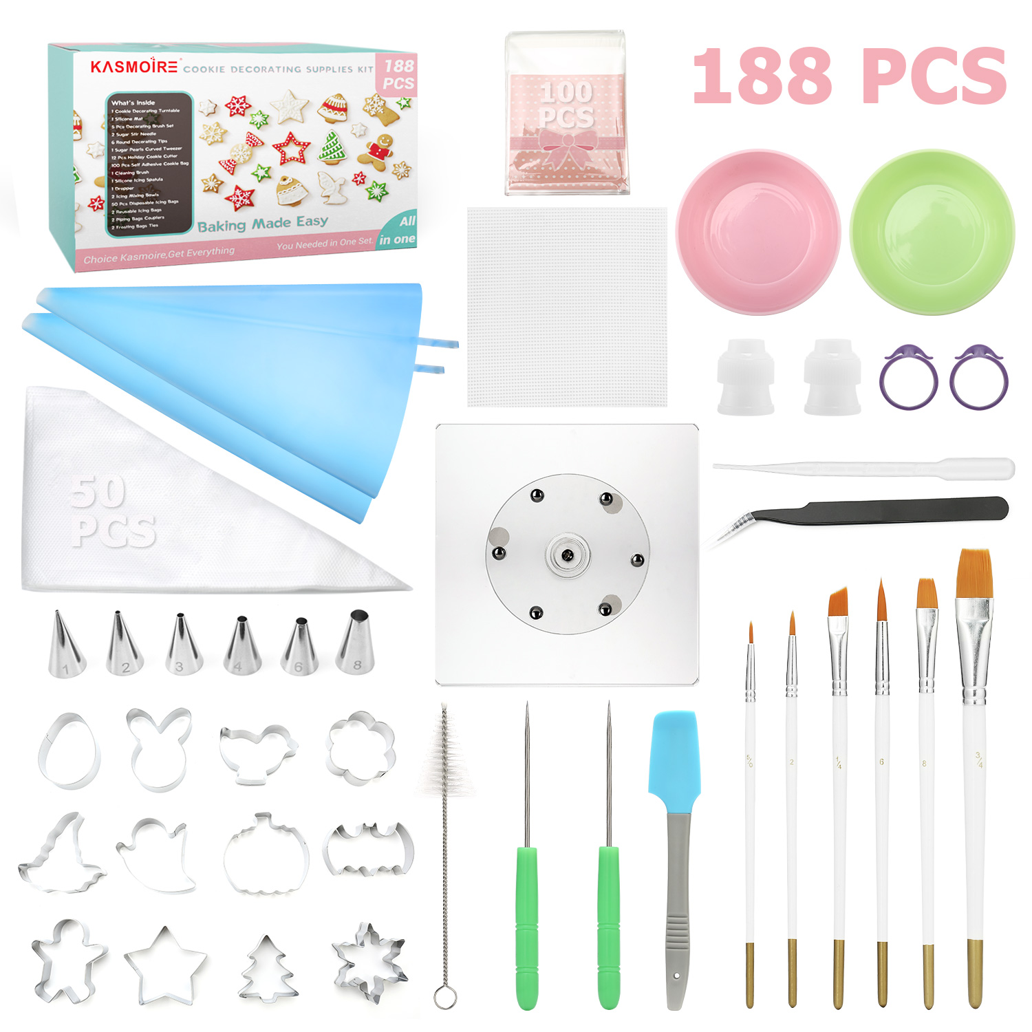 Kasmoire 188pcs Cookie Decorating Supplies Kit,with 12pcs holiday cookie cutter,Mixing Tools,Piping Tools,Decorating Tools and  Cookies Bags