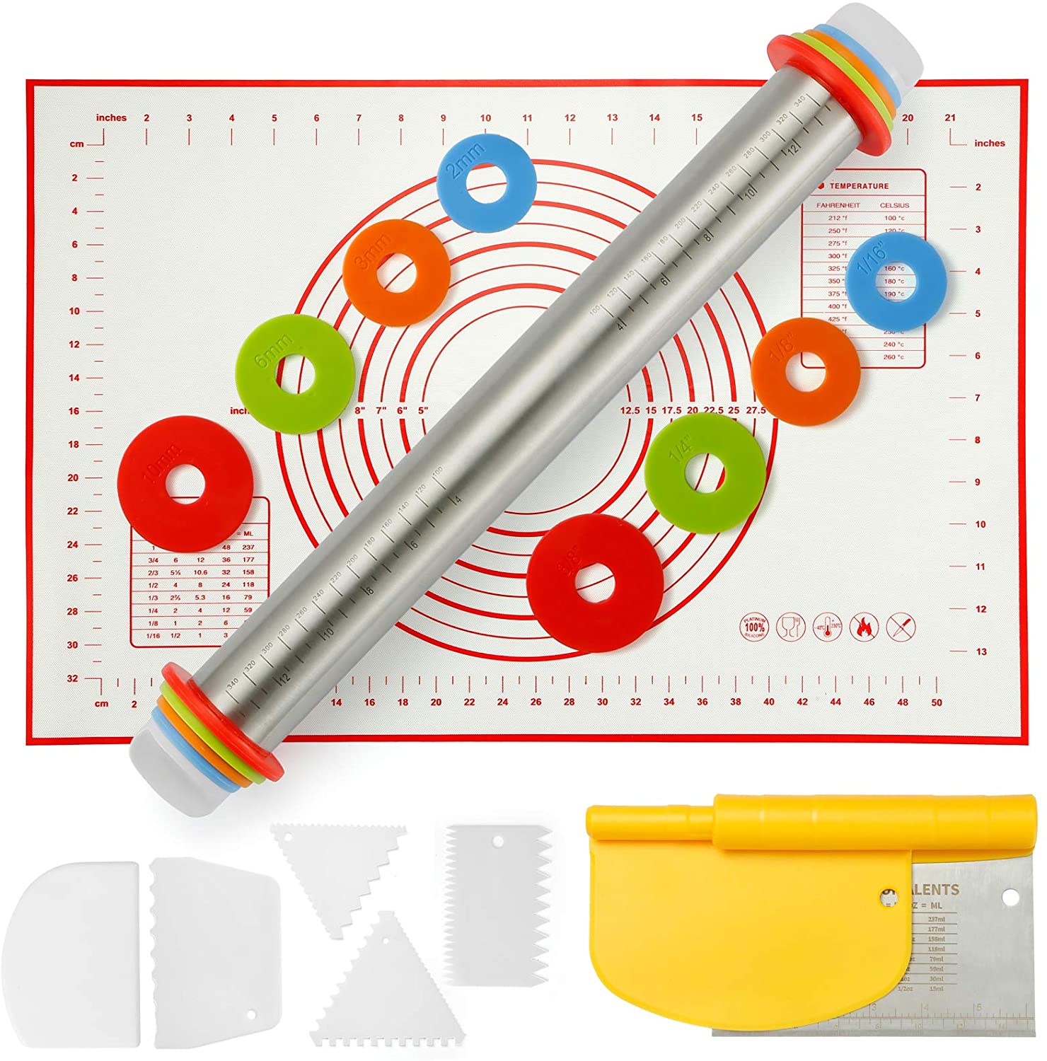 Kasmoire Rolling Pin nonstick and Silicone Baking Pastry Mat combo kit, Adjustable Rolling Pin With Thickness Rings, Rolling Pin for Baking Fondant, Pizza, Pie, Pastry, Pasta, Dough, Cookies (Red )-KASMOIRE
