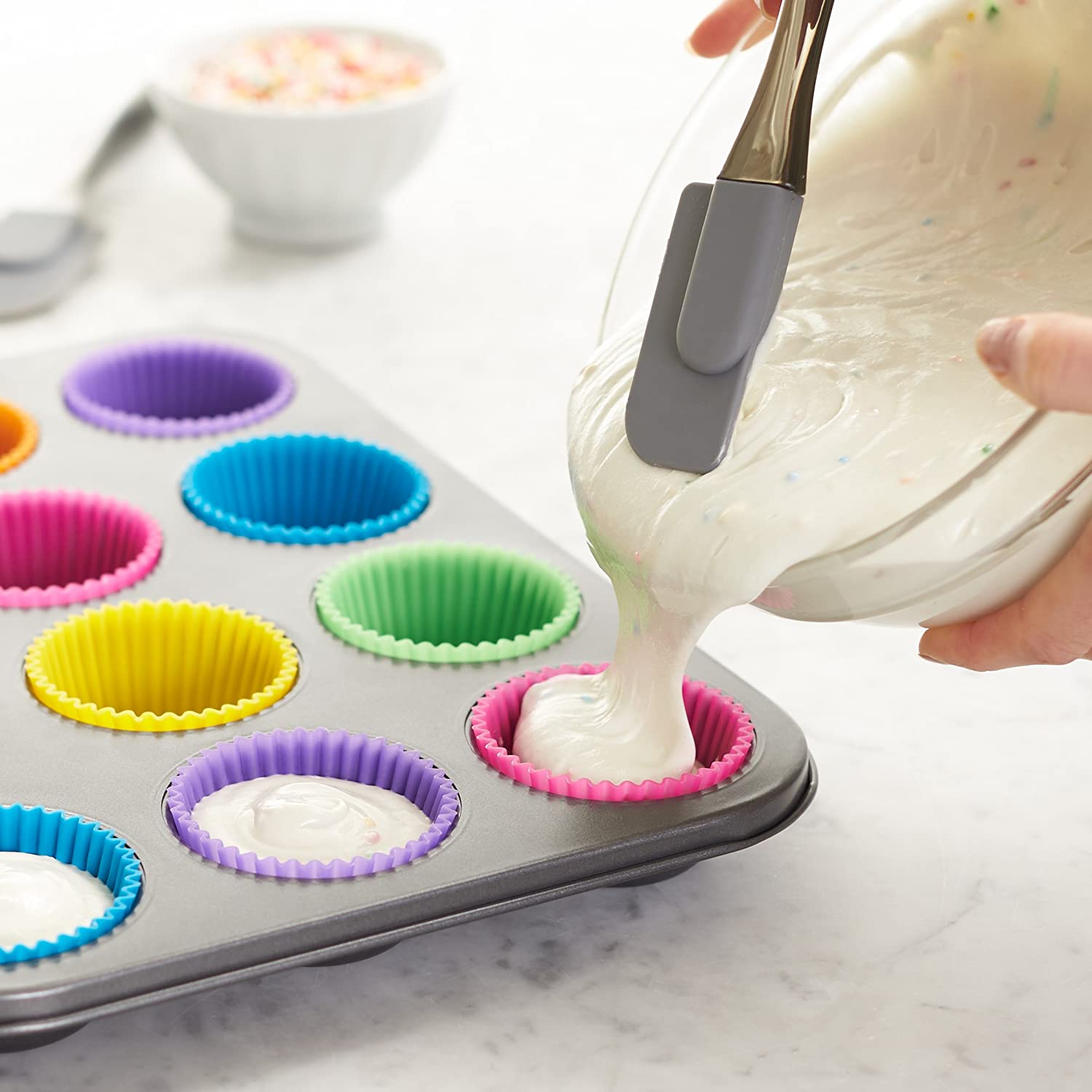 Kasmoire Reusable Silicone Baking Cups,Muffin Liners Pack of 12,Multicolor
