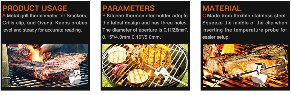 Stainless Steel Grill Clip Meat Thermometer Probe Clip Holder