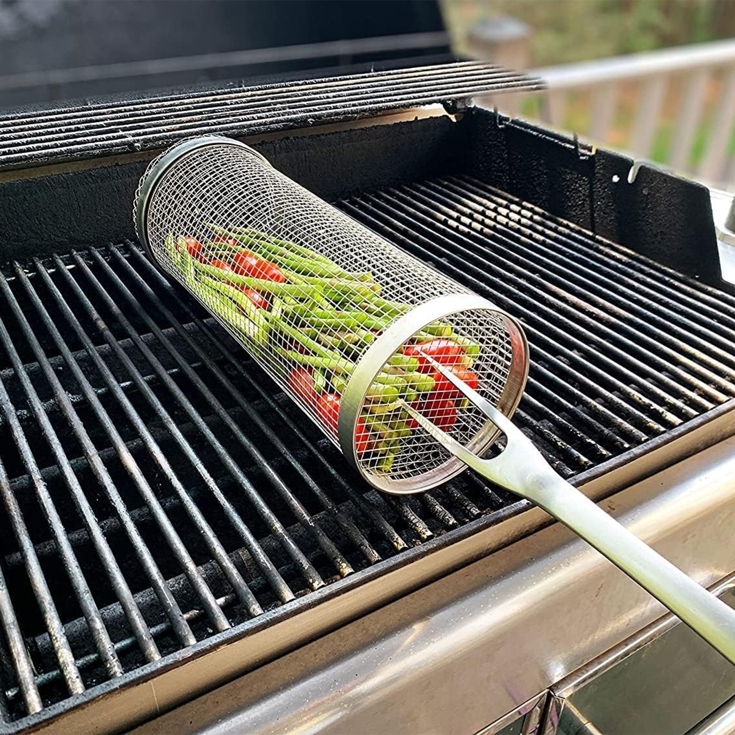 Grill Baskets for Outdoor Grill, Rolling Vegetable Grill Basket-YAOAWE