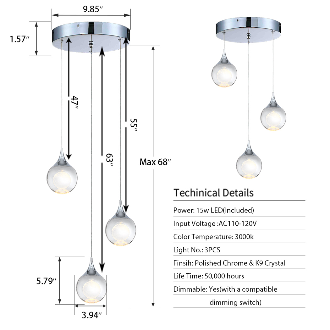 JoollySun Cluster Pendant Light with Crystal Moon Ball