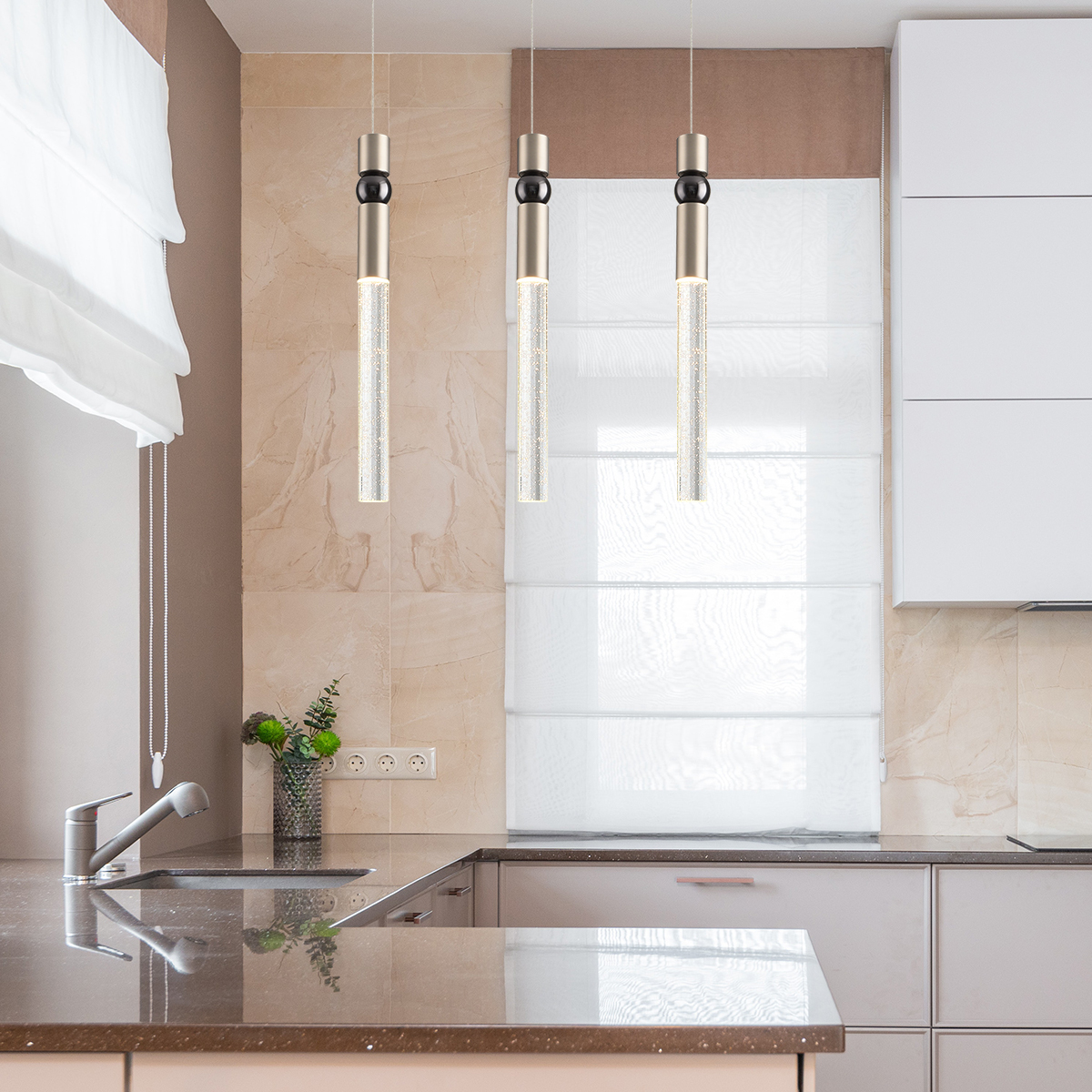 JoollySun Single Crystal Pendant Light with Seeded Crystal Cylinder Brushed Nickel Finish