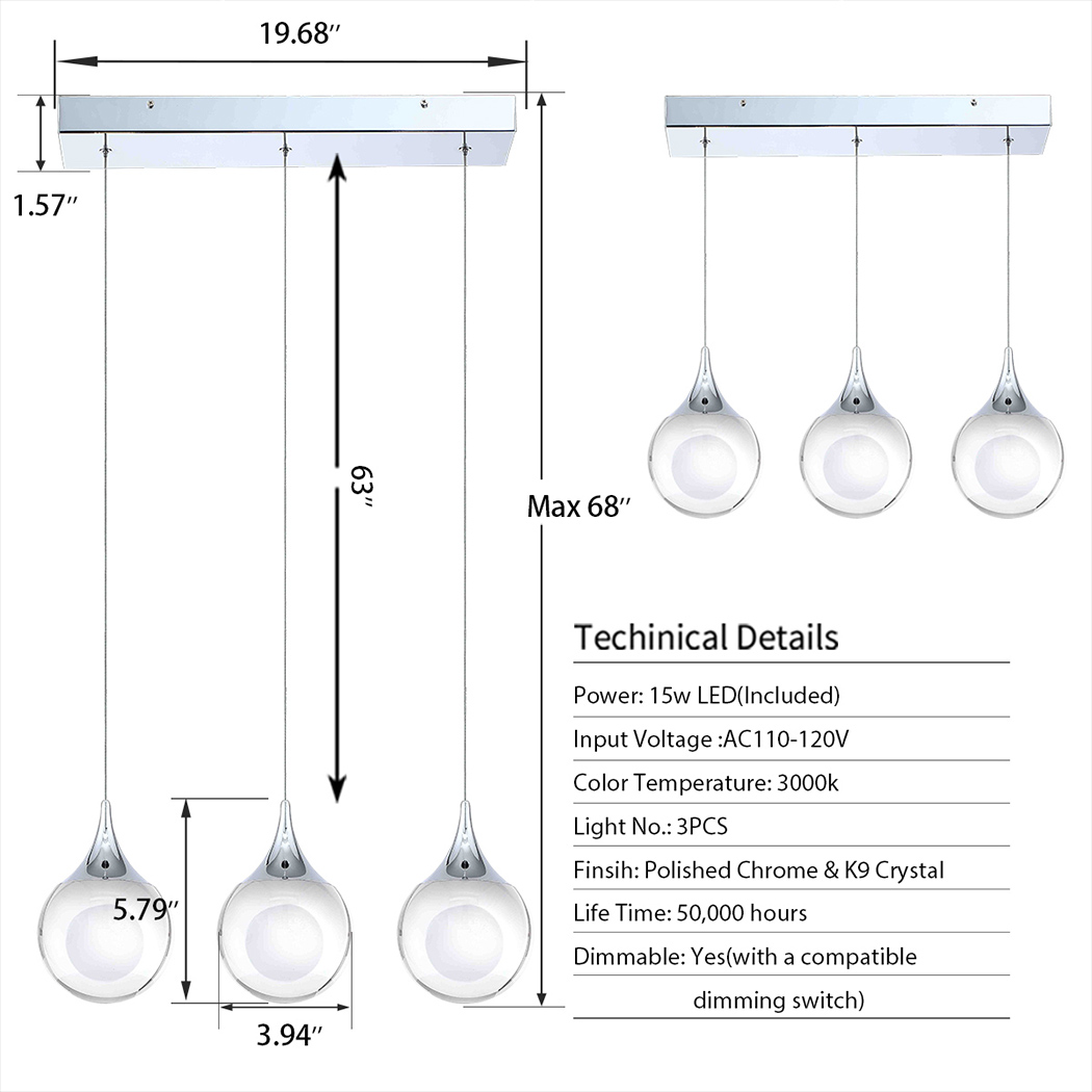 JoollySun 3-Light Pendant with Dimmable LED