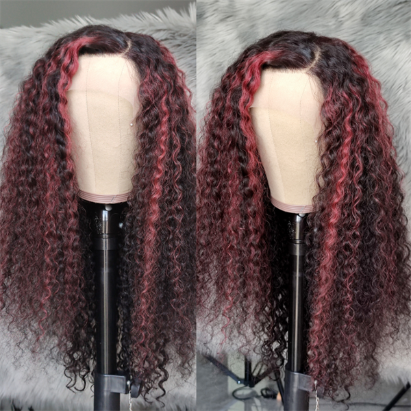 1B/99J Burgundy Highlight Water Wave Lace Front Wig With Pre-plucked Edges