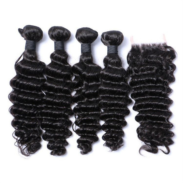 3 Virgin Human Hair Deep Wave Pink Lemon Hair Bundles With 4x4 Closure