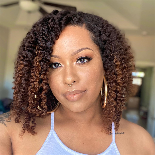 Ombre Brownish-red Colored Kinky Curly Human Hair Lace Front Wig