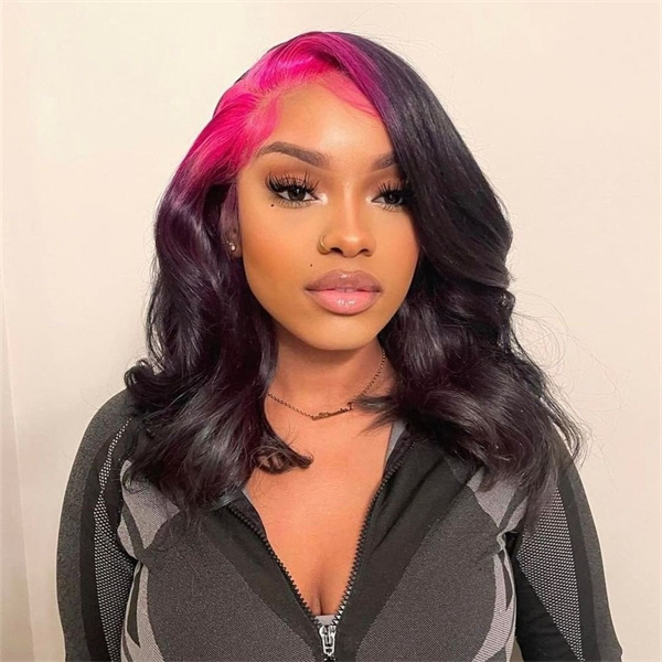 Fabulous Pink Roots Black Hair Colored Wig Straight Lace Front  Wig